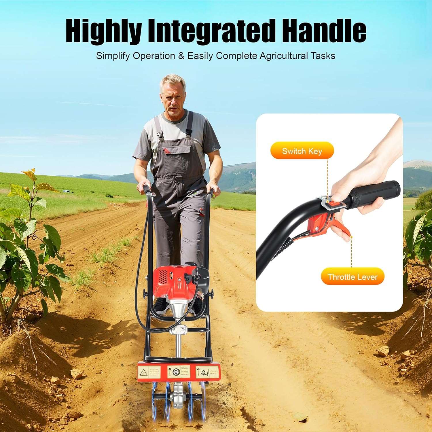 52CC Mini Hand Push Tiller Cultivator with Wheels, 2HP 2-Stroke Air-Cooled Single Cylinder Gas Rototiller,7000RPM Recoil Tillage Ripper for Garden Lawn, Digging, Weed Removal,Soil Cultivation