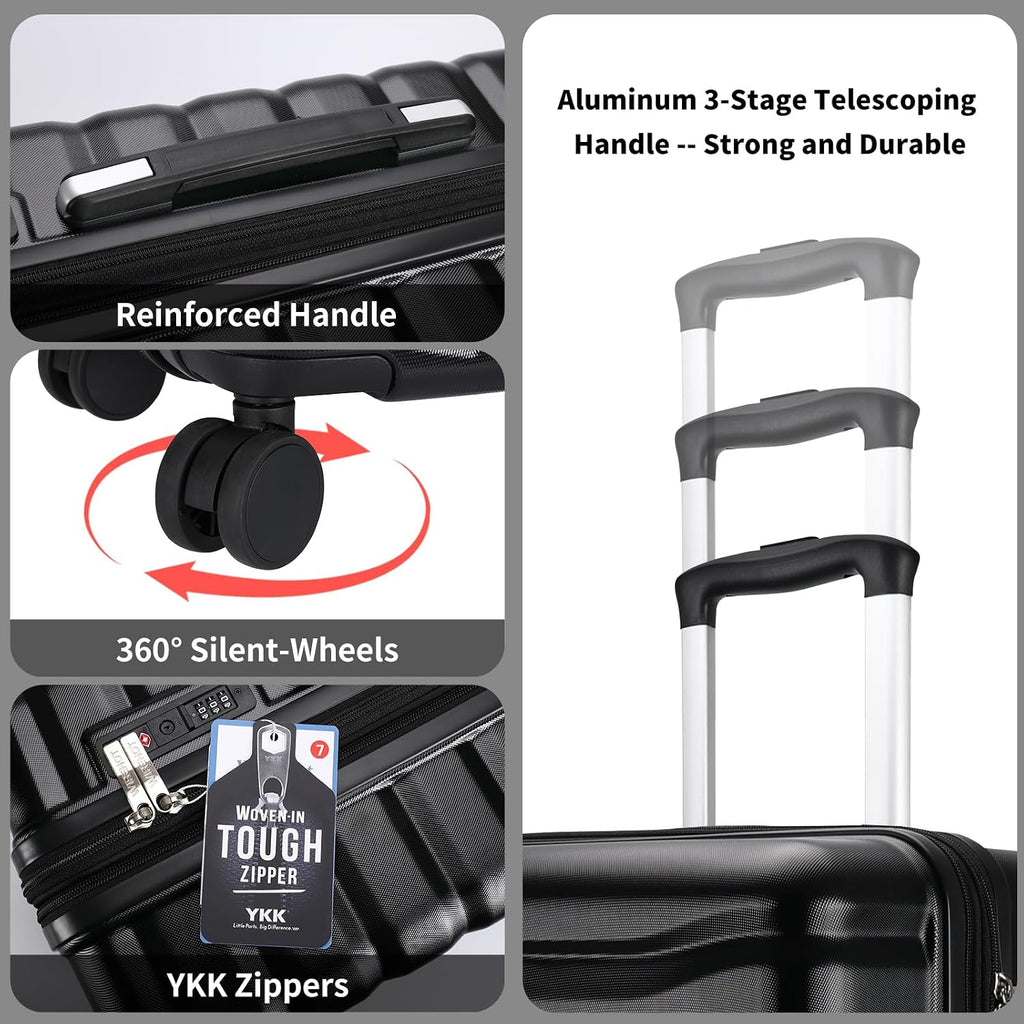 WireHot Lightweight Luggage with Spinner Wheels & YKK Zipper, Hard Shell 3-Piece Suitcase ABS+PC Hardside Luggage Set with TSA Lock for Men Travel, Black (20+24+28 inch)