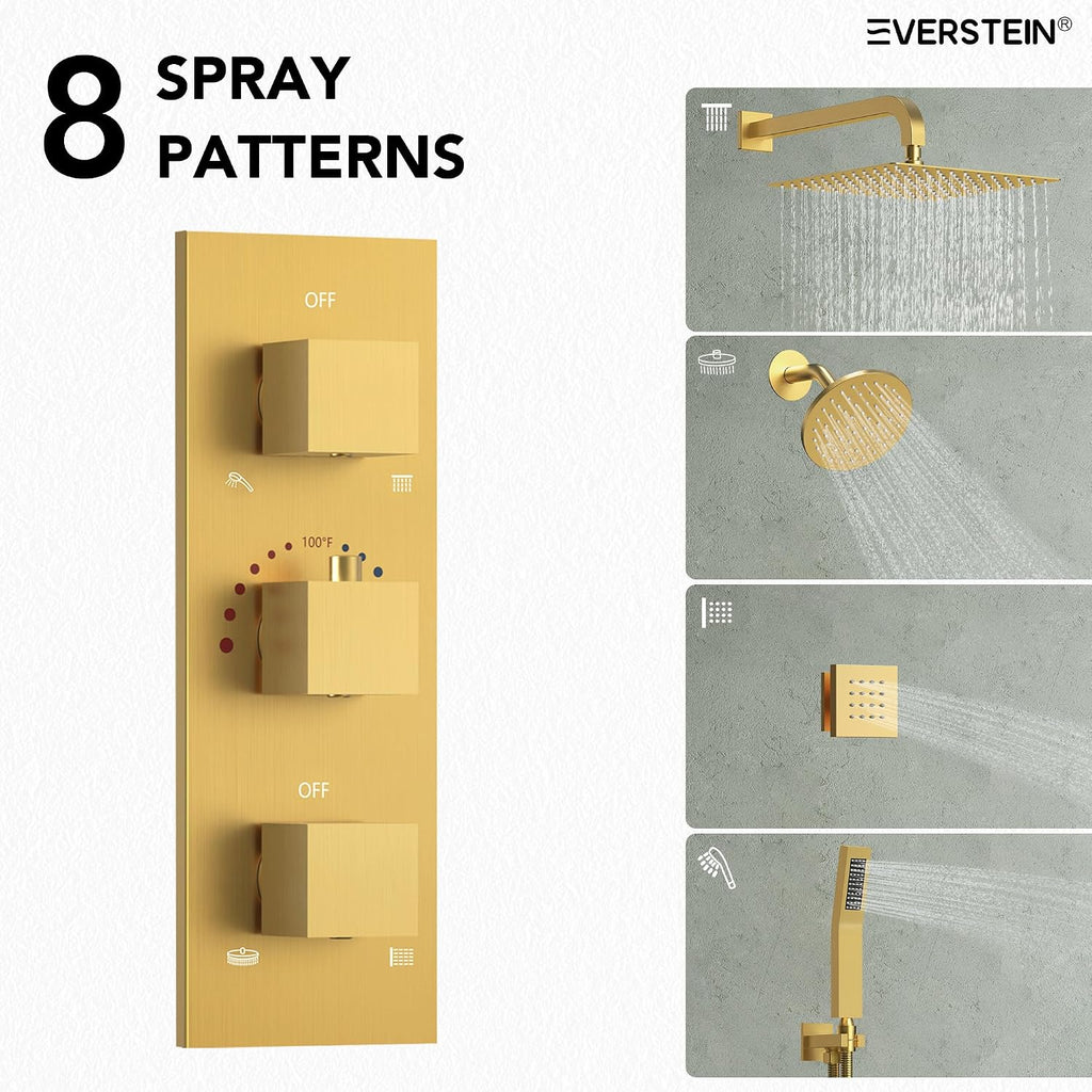 Wall Mount 12' High-Pressure Rainfall Shower Faucet, Dual Rainfall Shower Head System with 6 Body Jets (Brushed Gold)