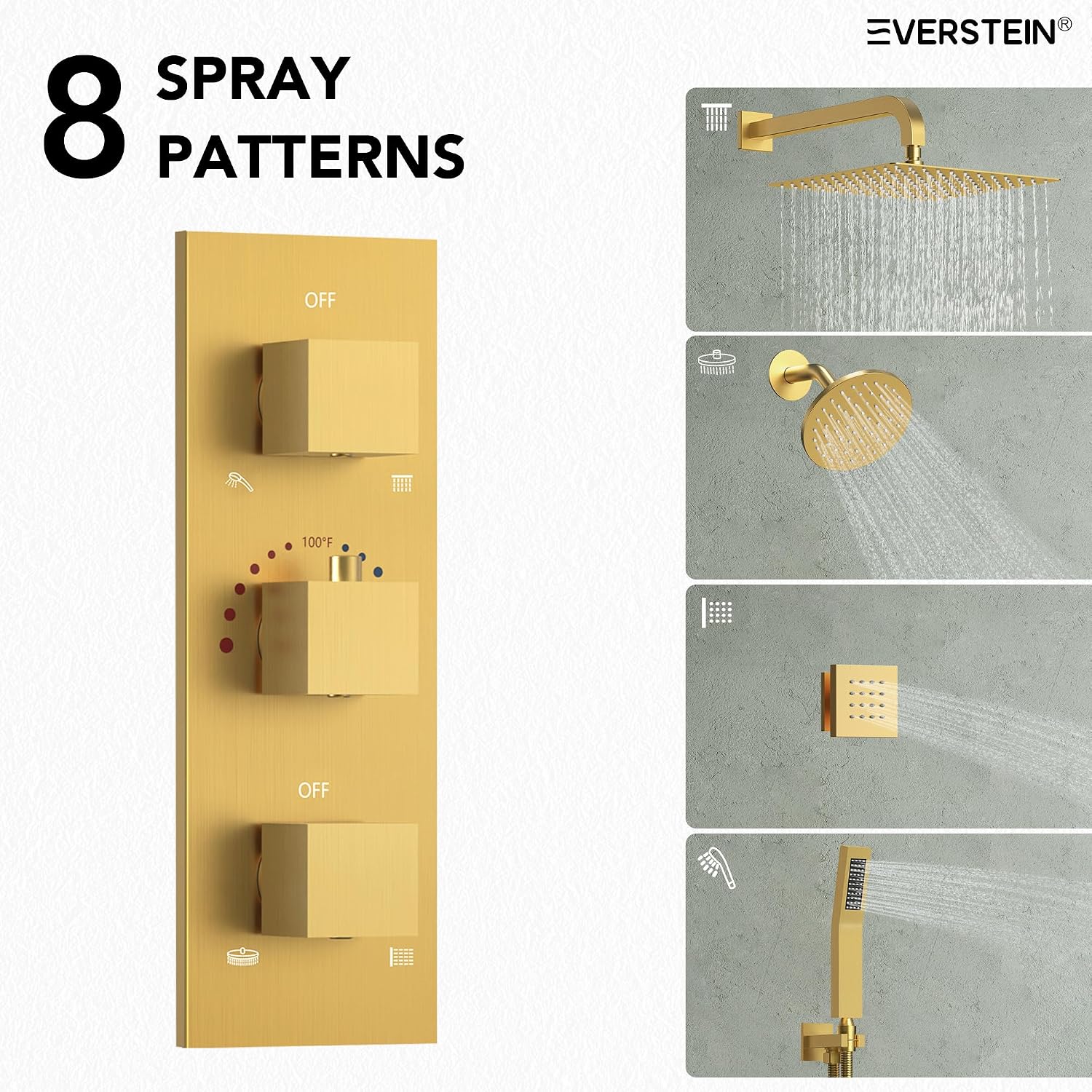 Wall Mount 12' High-Pressure Rainfall Shower Faucet, Dual Rainfall Shower Head System with 6 Body Jets (Brushed Gold)