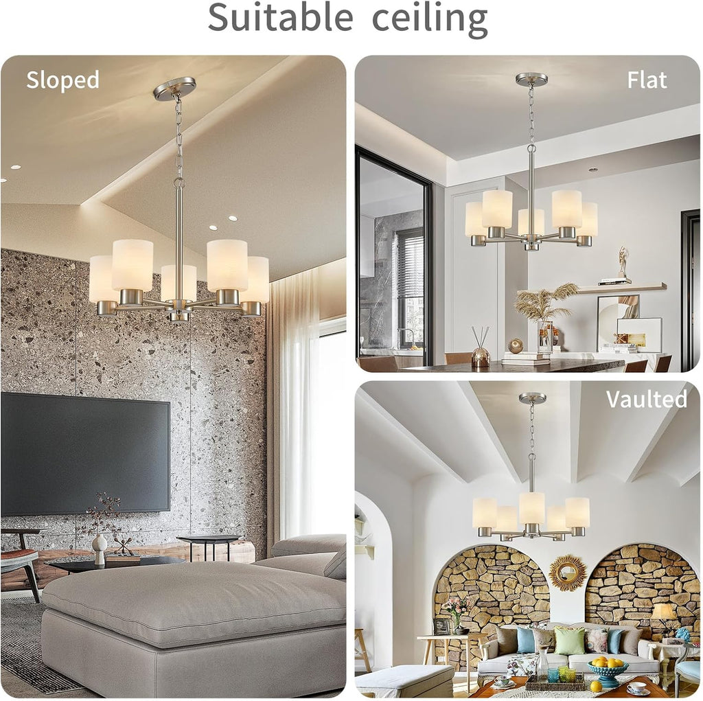 WUZUPS 5-Light Pendant Chandelier Light Frosted White Glass Shade with Grain Ceiling Lighting Elegant Modern Fixture Bathroom Kitchen Dining Room Entry Foyer, H 15.8' W21, E12 Base, Brushed Nickel