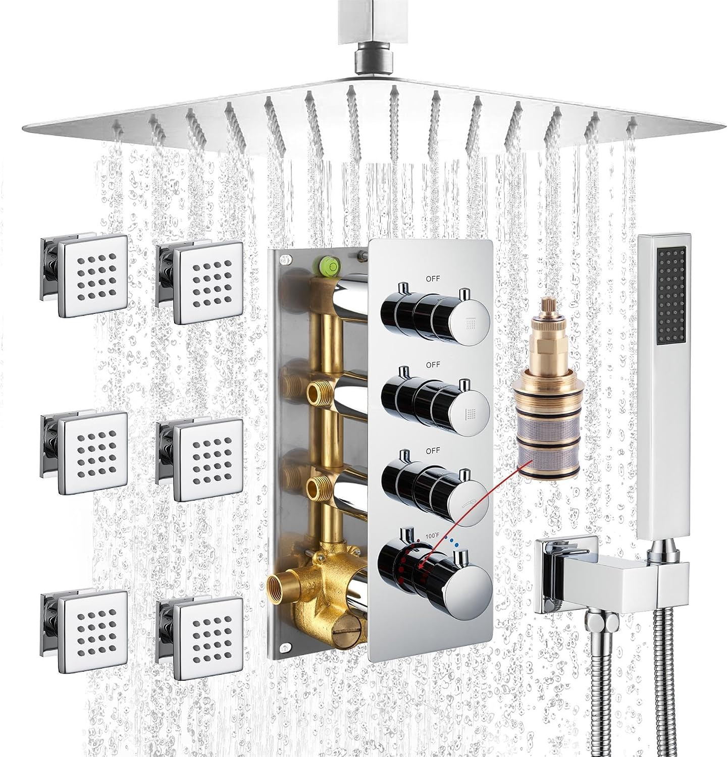MONDAWE 12 In Thermostatic Shower System, Ceiling Mounted High Pressure Shower Head with Handheld,6 Body Jets, Bathroom Shower Faucet Set in Chrome