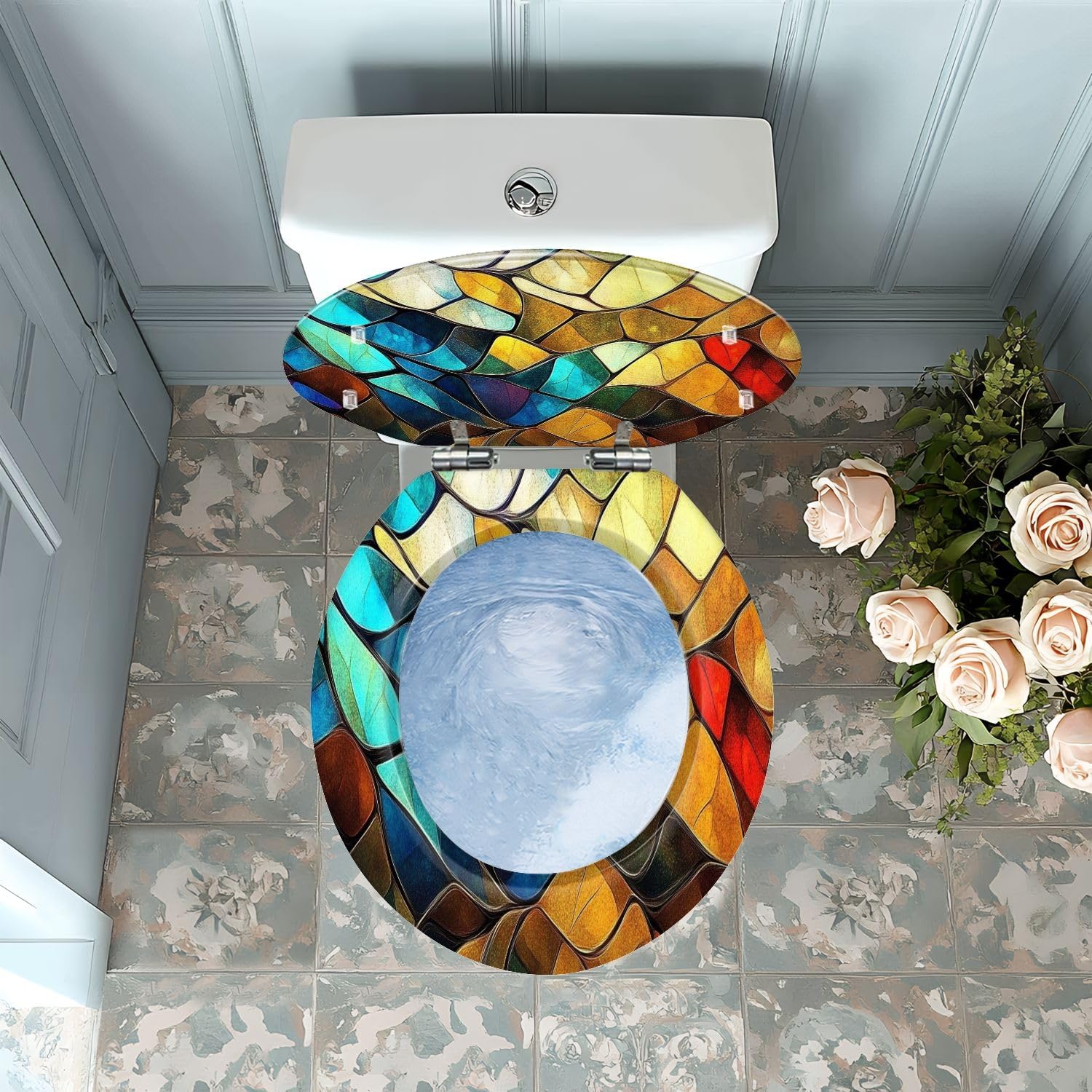 Round Toilet Seat Colorful stained glass window Abstract stained glass Art Nouveau Resin Colored Toilet Seat Quick Release Hinges with Cover Easy to Install Decorative for Bathroom