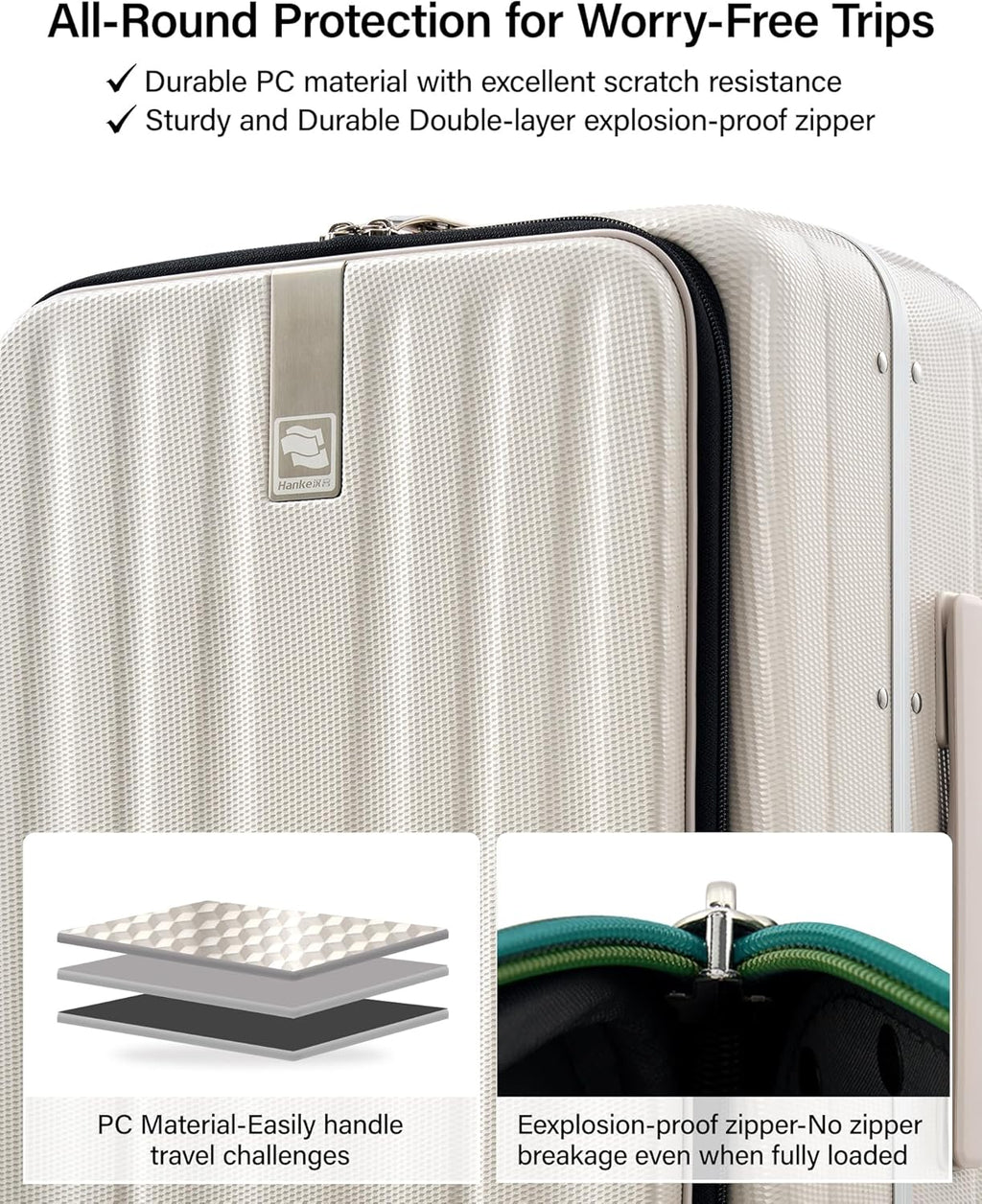 Hanke 20 Inch Carry On Luggage with Wheels PC Hard Shell Suitcase Top Opening Aluminum Frame Travel Luggage Suitcases for Woman Men Gifts.(Ivory White)