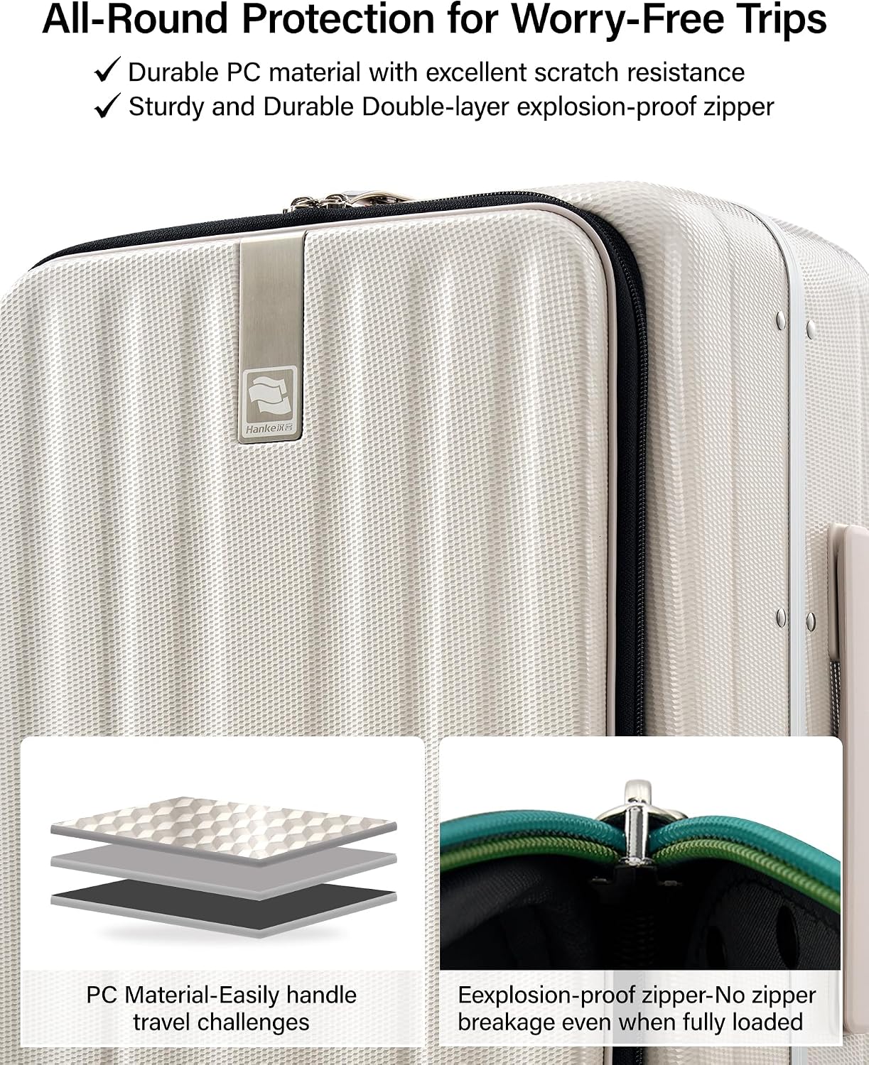 Hanke 24 Inch Checked Luggage PC Hard Case Luggage Top Opening Aluminum Frame Travel Luggage Suitcases with Wheels for Woman Men.(Ivory white)