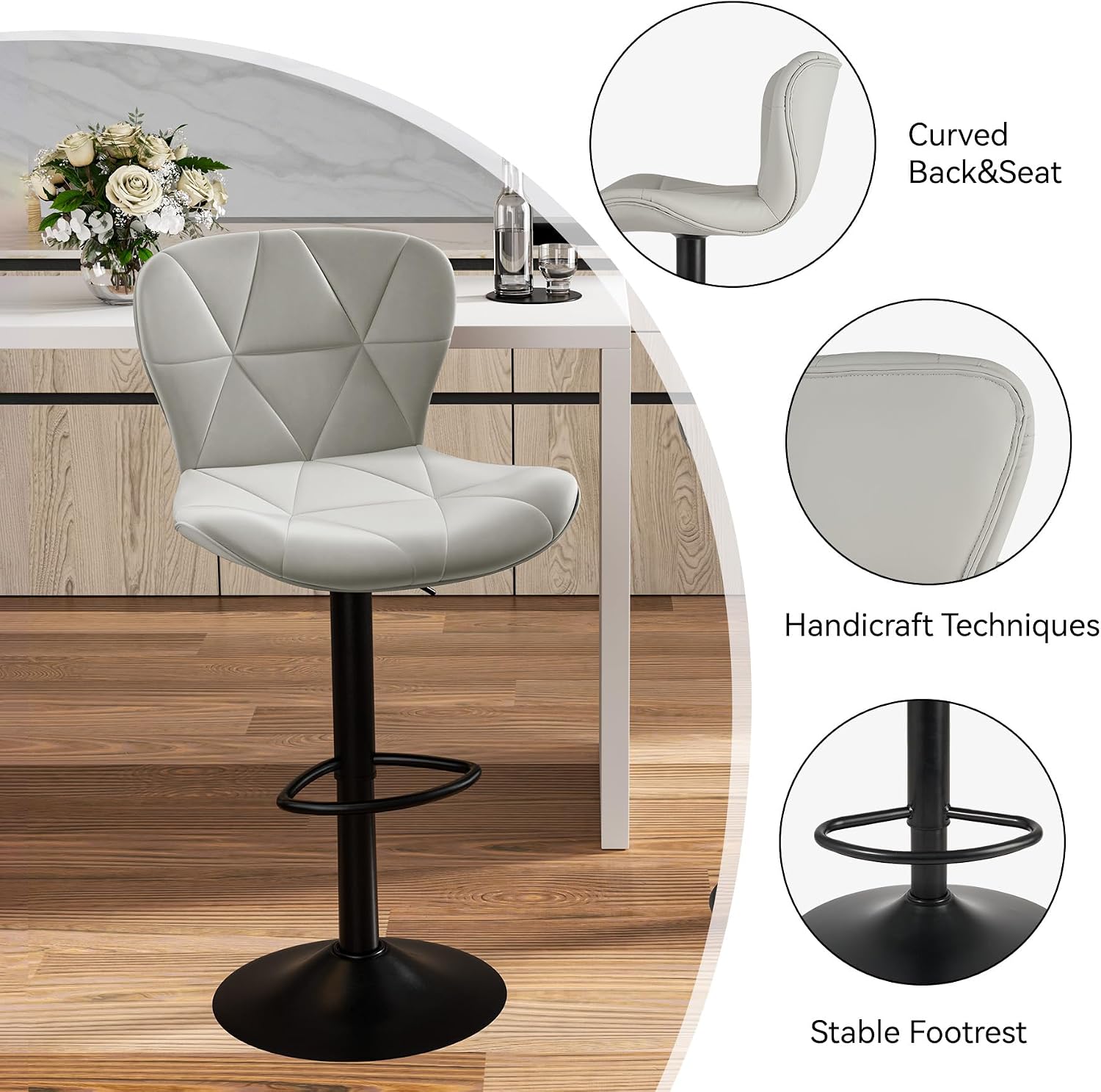 Nalupatio Modern Bar Stools Set of 3, Adjustable Faux Leather Upholstered Swivel Bar Stools, Counter Height Bar Chairs with Back for Kitchen Island, Light Grey