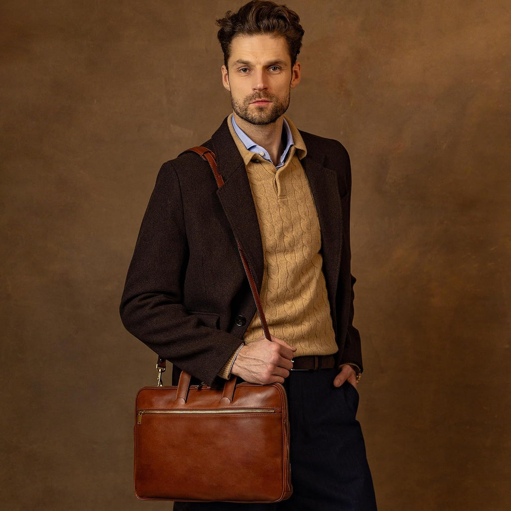 Time Resistance Slim Leather Briefcase - Italian Handmade Leather Computer Bag - Briefcase for Men and Women - Laptop Bag