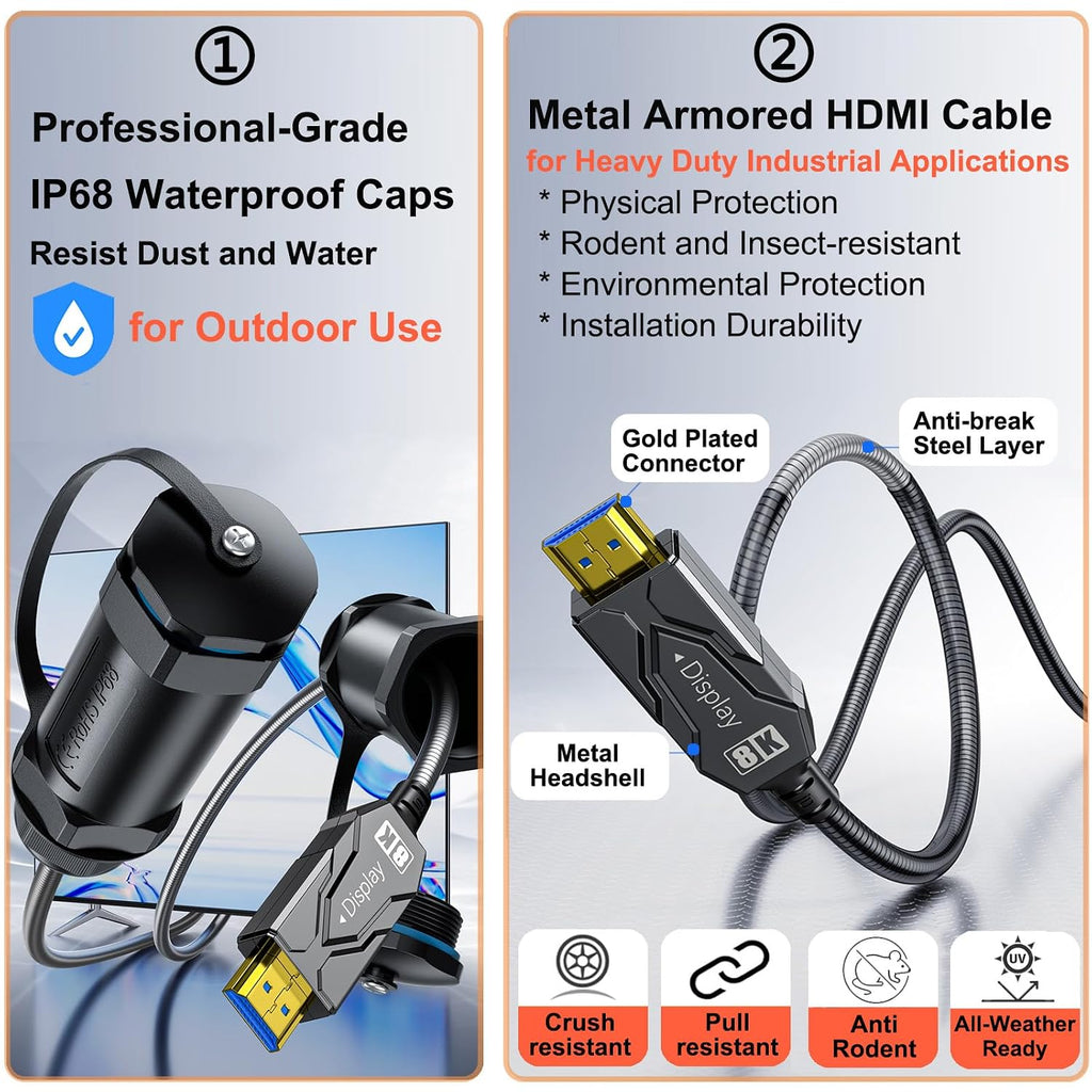 DTECH 100ft Fiber Optic HDMI Cable 2.1 4k 120Hz 8K 60Hz 48Gbps High Speed HDR eARC HDCP 2.2 2.3 3D Outdoor Armored Long HDMI Cord Waterproof IP68 for Laptop Monitor TV Xbox PS4/PS5, Unidirectional