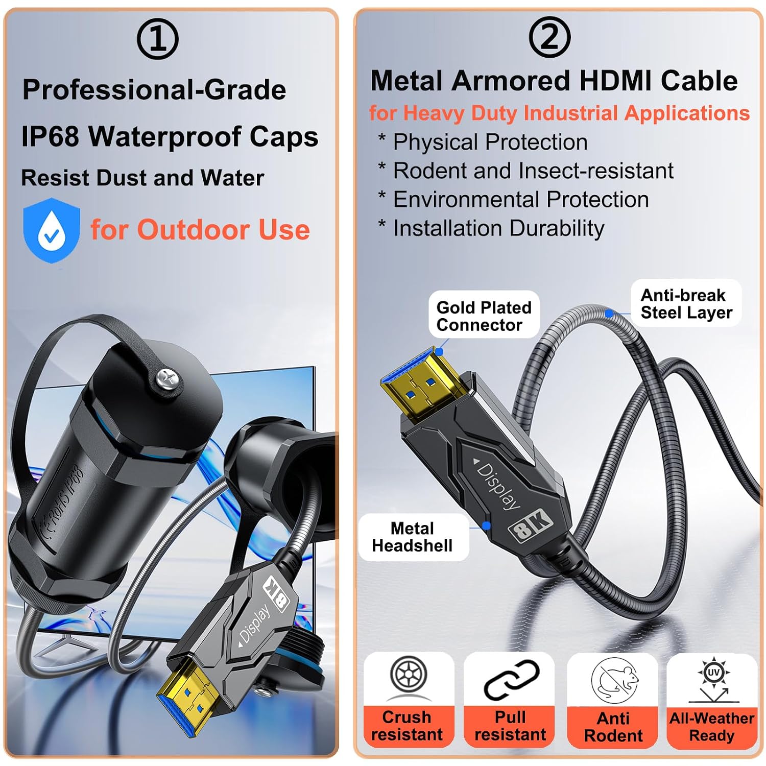 DTECH 100ft Fiber Optic HDMI Cable 2.1 4k 120Hz 8K 60Hz 48Gbps High Speed HDR eARC HDCP 2.2 2.3 3D Outdoor Armored Long HDMI Cord Waterproof IP68 for Laptop Monitor TV Xbox PS4/PS5, Unidirectional
