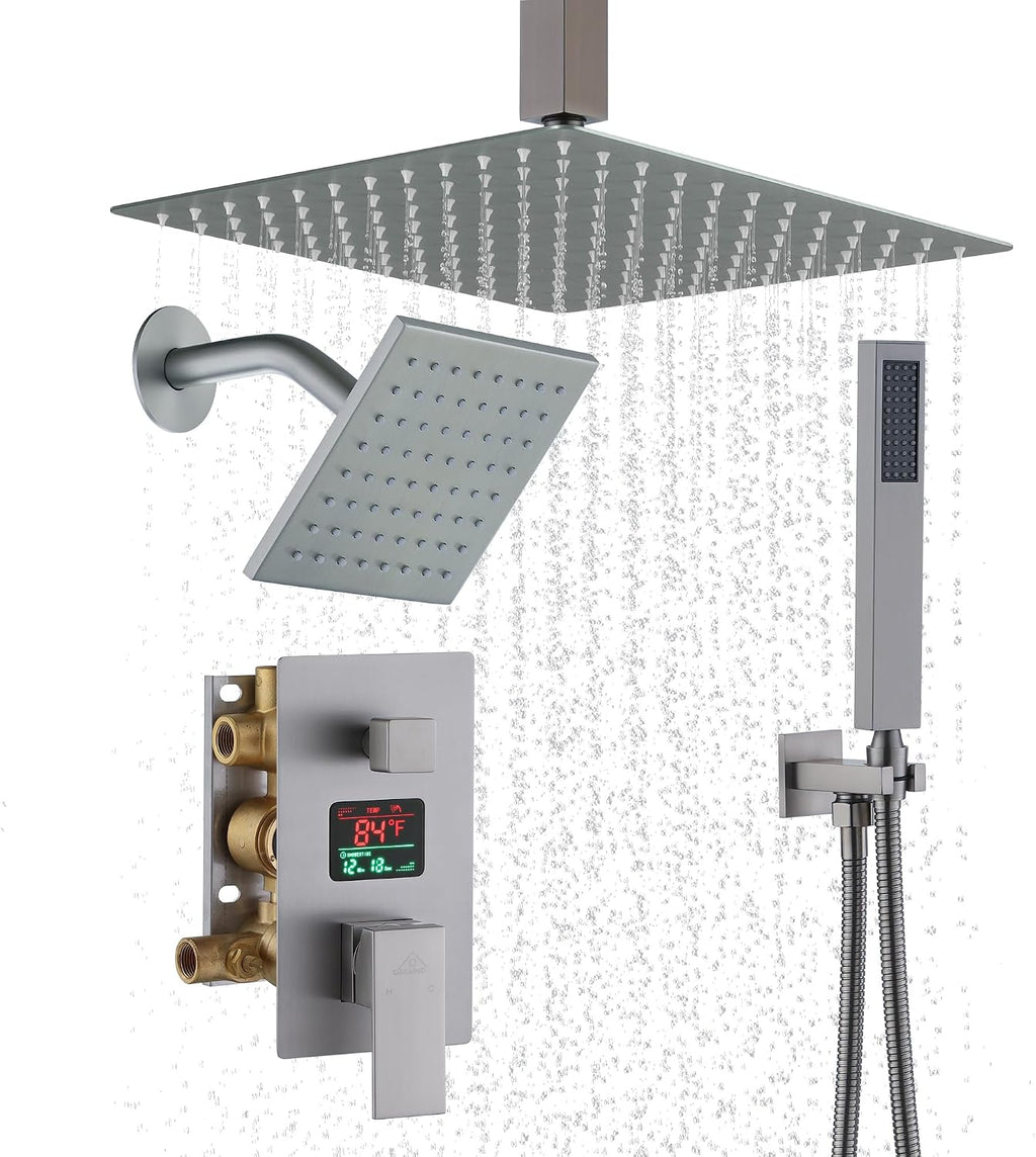 CASAINC Ceiling Mounted Shower System 12 Inch Rain Shower Head with Handheld Spray & 6 Inch Shower Head, Multifunctional Shower Faucet Set with Water Temperature Display (Brushed Nickel)