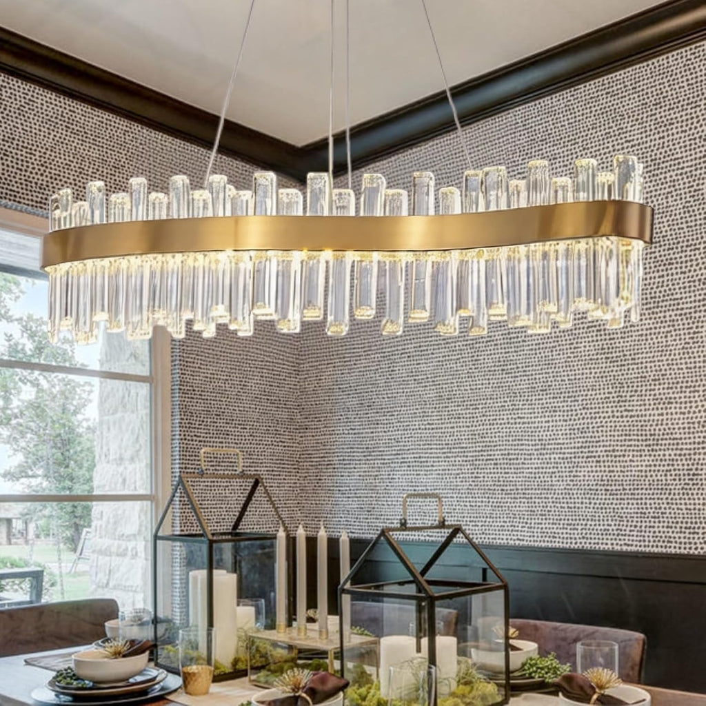 Siljoy Modern Gold Crystal Chandelier, Luxury 2-Tiers K9 Crystal Raindrop Chandelier, Dimmable Color-Changing Linear Crystal Pendant Ceiling Light for Living Dining Room Kitchen Island L47''