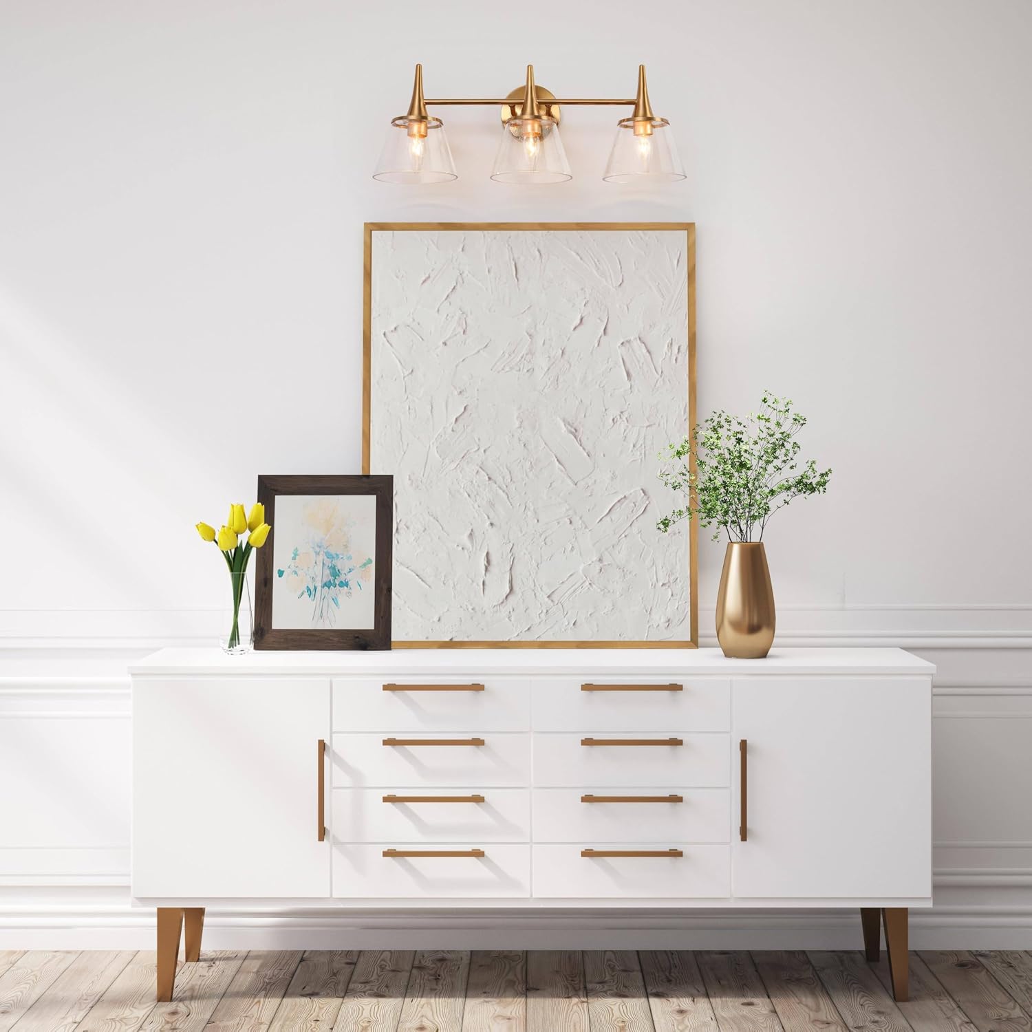 KSANA Gold Bathroom Light Fixtures, 22.5'' Modern Plating Brass Vanity Lights with Seeded Glass Shade, 3-Light Copper Bathroom Lighting Over Mirror