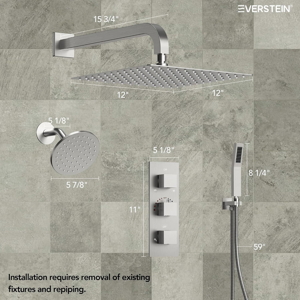 Thermostatic Shower system, 12 & 6 in. Bathroom Shower Set Wall Mount Dual Shower Head Faucet inBrushed Nickel