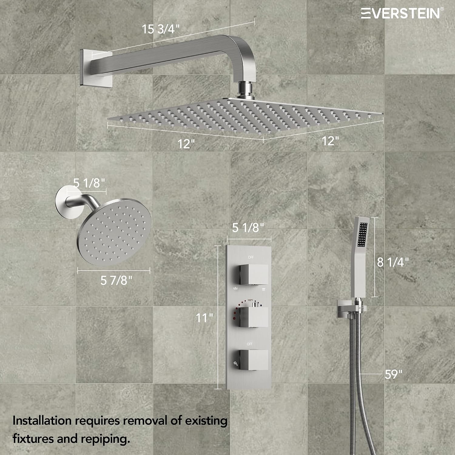 Thermostatic Shower system, 12 & 6 in. Bathroom Shower Set Wall Mount Dual Shower Head Faucet inBrushed Nickel
