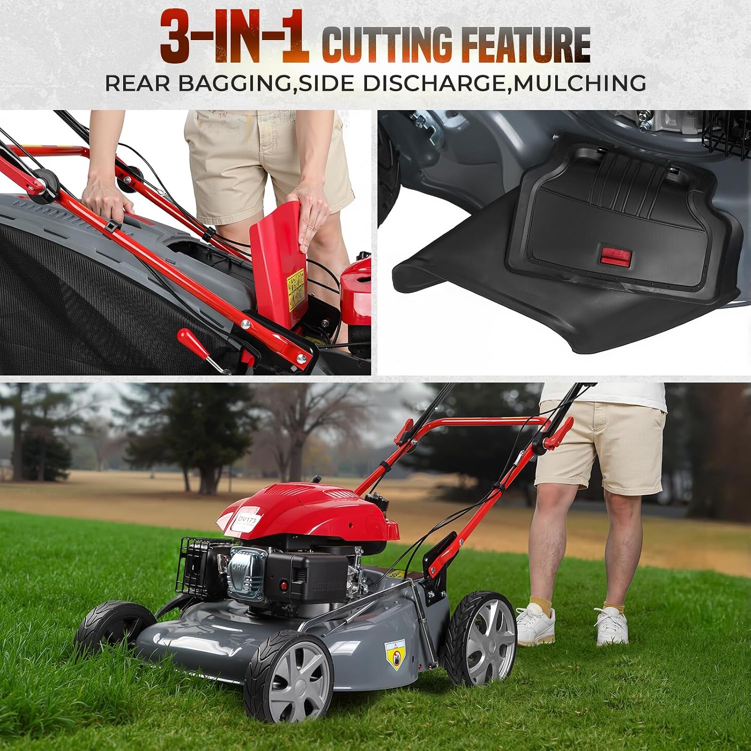 Lawn Mower Gas Powered, 173cc Engine Self Propelled Lawn Mower 20-Inch with 60L Grass Bag, 3-in-1 Mulching, Bagging & Side Discharge Self Propelled Walk-Behind Push Mower for Landscaping (Red3)
