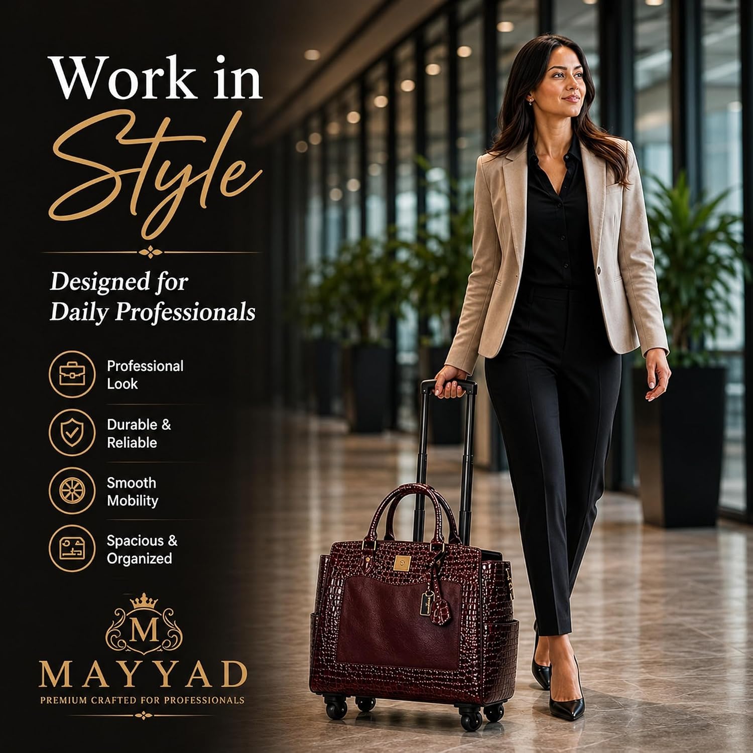 Rolling Laptop Bag for Women with Wheels & Handle Luxury Pure Leather Embossed Work Bag with Laptop Sleeve Travel Briefcase