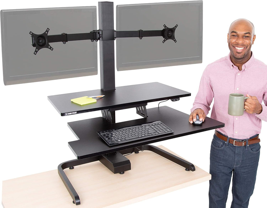 Stand Steady Techtonic Electric Standing Desk Converter wIth Dual Monitor Mount, 2 Screen Support, Quiet Sit-Stand Desk with Button Control, Keyboard Tray, Ideal for Gaming & Computer Work (Black)