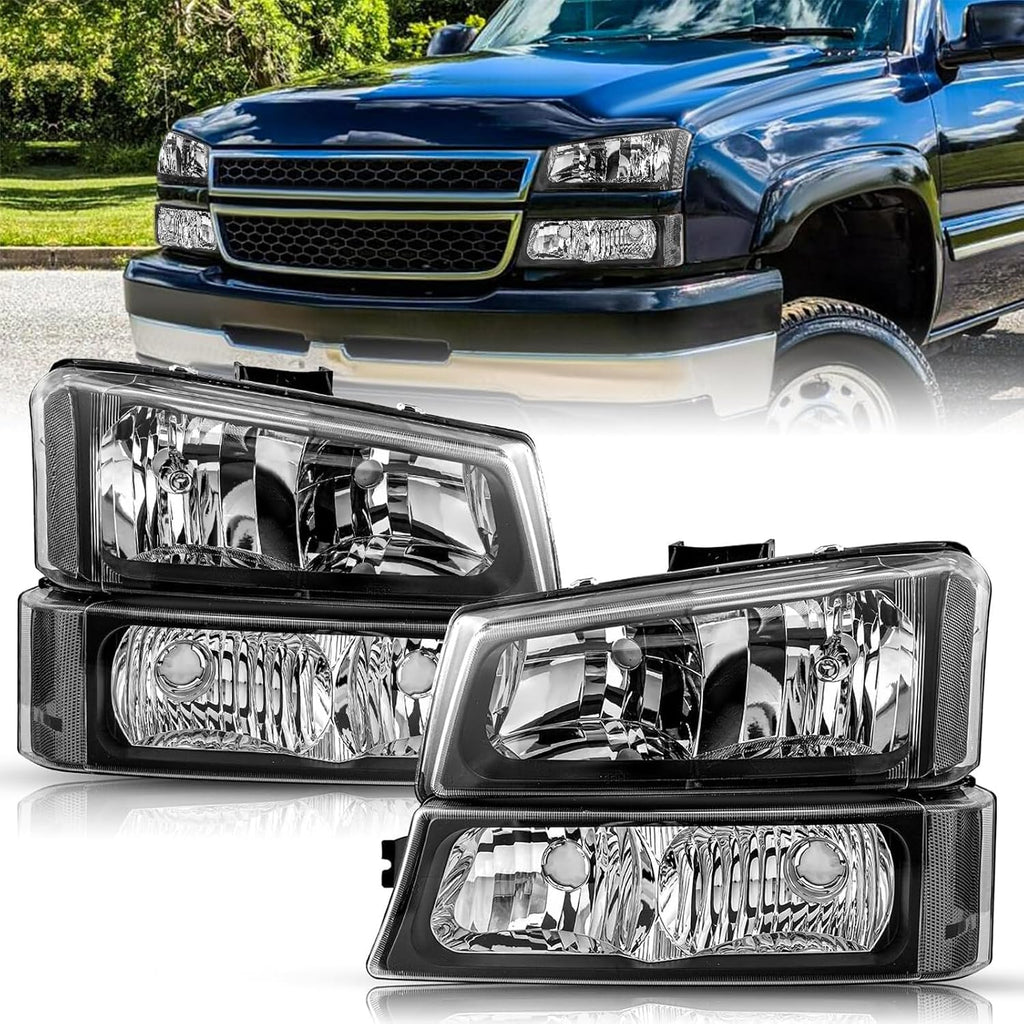 Headlights Tail Lights Assembly Kit compatible with 2003-2006 Chevy Silverado 1500 2500 (2007 Sivlerado Classic) Halgoen Headlamp w/Rear Brake Lamp Taillight, Black Clear L+R for 2003 2004 2005 2006