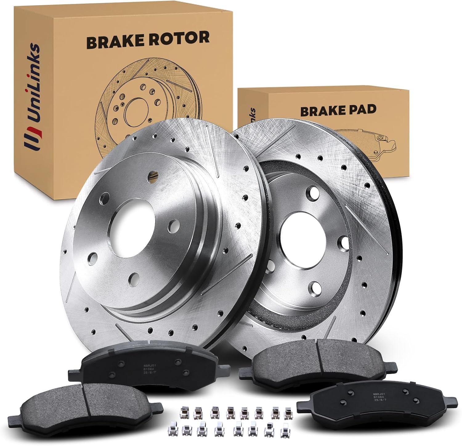 Front Drilled and Slotted Disc Brake Rotors & Ceramic Brake Pads Kit Fit for Chrysler 2007-2009 Aspen; for Dodge 2007-2009 Durango, 2006-2010 Ram 1500; for Ram 2011-2018 1500#53005 D1084