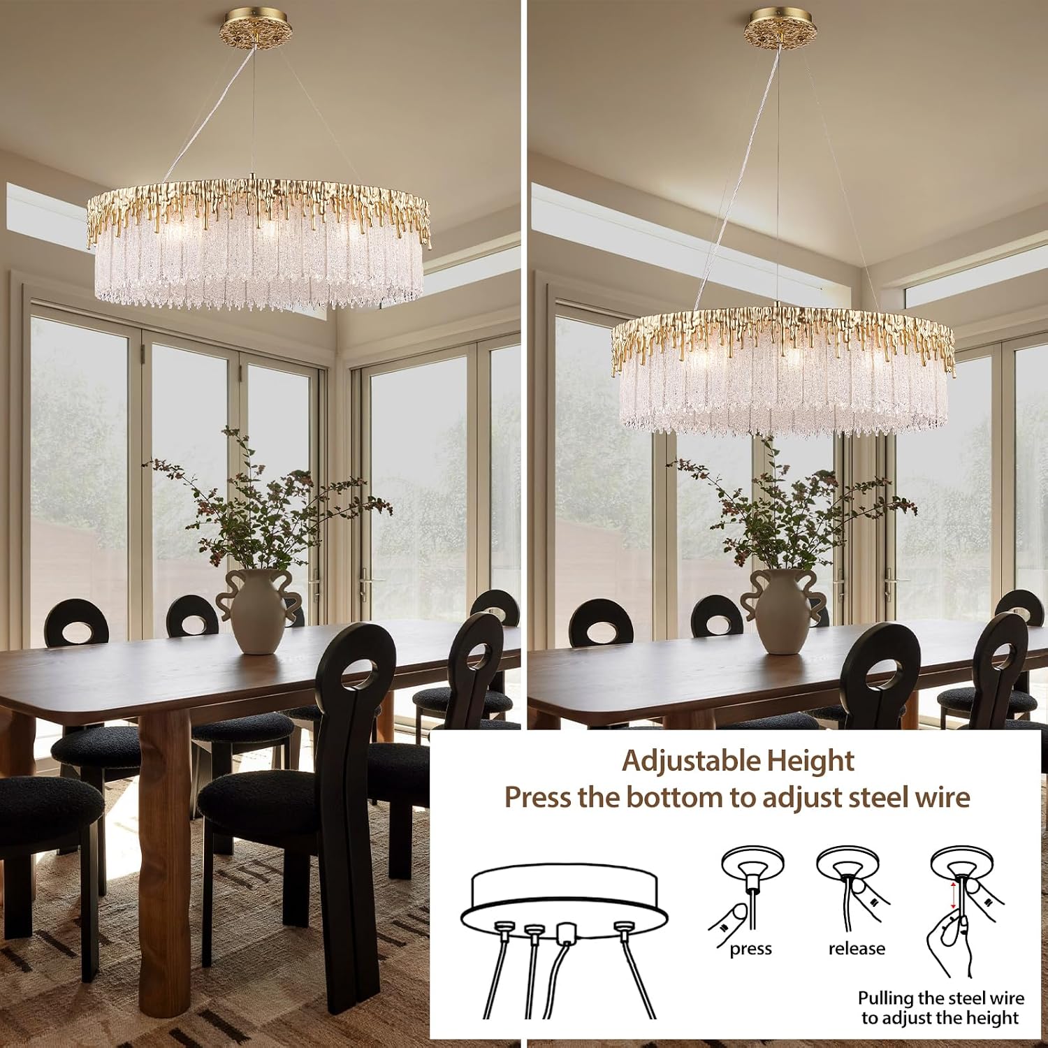 D23.6 Round Crystal Chandelier, Modern Gold Crystal Chandeliers for Dining Room, 10-Light Height Adjustable Chandelier for Living Room Bedroom Entryway Kitchen Island