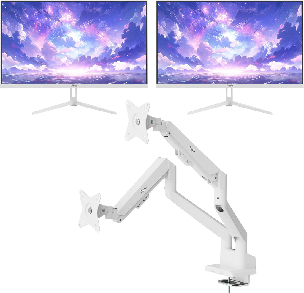 Pixio Two PX275 Wave White 27 inch 100Hz Refresh Rate QHD 1440p Resolution IPS Panel 1ms MPRT Response Time Gaming Monitor and PS1D Wave White Dual Monitor Arm - Fits up to 32 inches and 19.8lbs