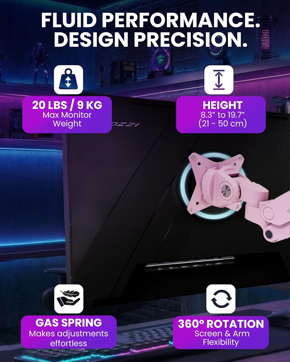 Arozzi Alzare Neo Duo Dual Gas Spring Monitor Arm - 2 Independent Arms, 17':34' Monitors, VESA 75/100, 360 Rotation, Up to 20 lbs Each, Cable Management, C-Clamp & Grommet Included - Pink
