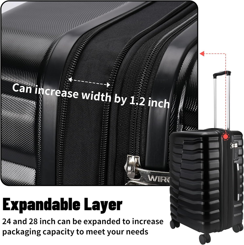 WireHot Lightweight Luggage with Spinner Wheels & YKK Zipper, Hard Shell 3-Piece Suitcase ABS+PC Hardside Luggage Set with TSA Lock for Men Travel, Black (20+24+28 inch)