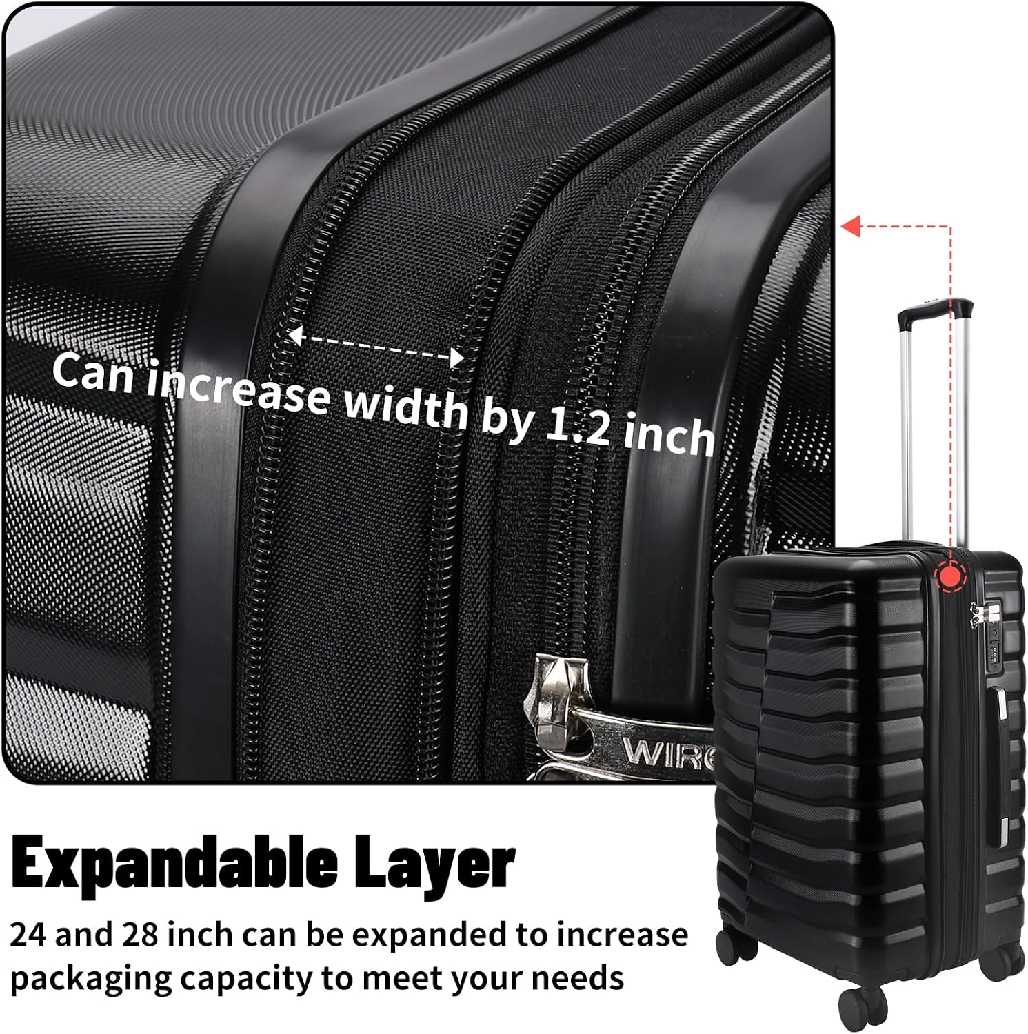 WireHot Lightweight Luggage with Spinner Wheels & YKK Zipper, Hard Shell 3-Piece Suitcase ABS+PC Hardside Luggage Set with TSA Lock for Men Travel, Black (20+24+28 inch)
