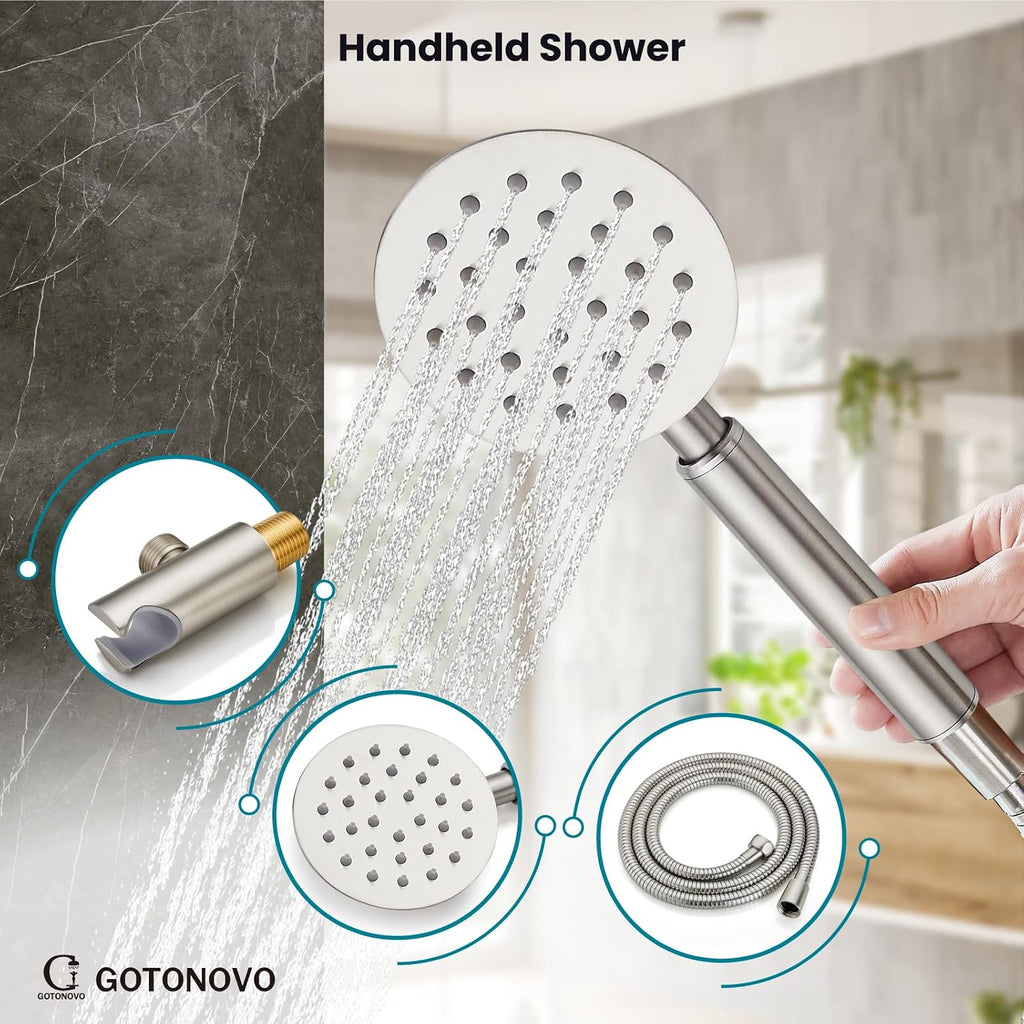 gotonovo Rain Shower System with 10 Inch Round Showerhead and Handheld High Pressure Shower Faucet Set Contain Rough in Valve, Brushed Nickel