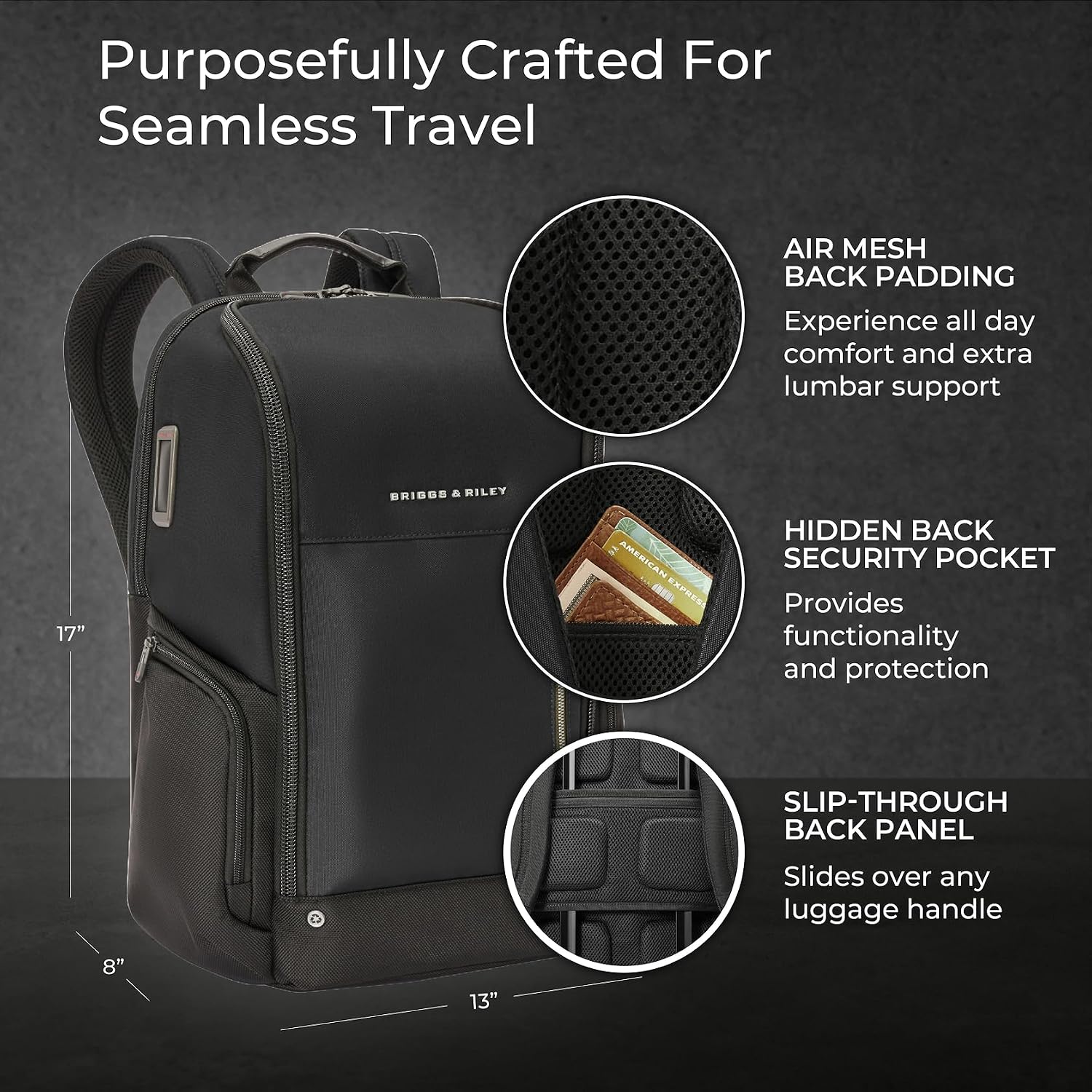 Briggs & Riley Medium Widemouth Backpack - Carry On Travel Backpack for Women & Men, Personal Item Bag, Self-Repairing Zippers, Padded Straps, Fits up to 15.6' Laptop - HTA Collection, Black