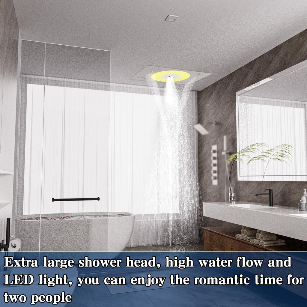 24x16 inch LED Shower head, 2 Function Stainless Steel Rectangle Waterfall And Mist Ceiling Mount Shower Head, 600 * 405mm Spray Waterfall Shower Head with Remote Control, Brushed Nickel