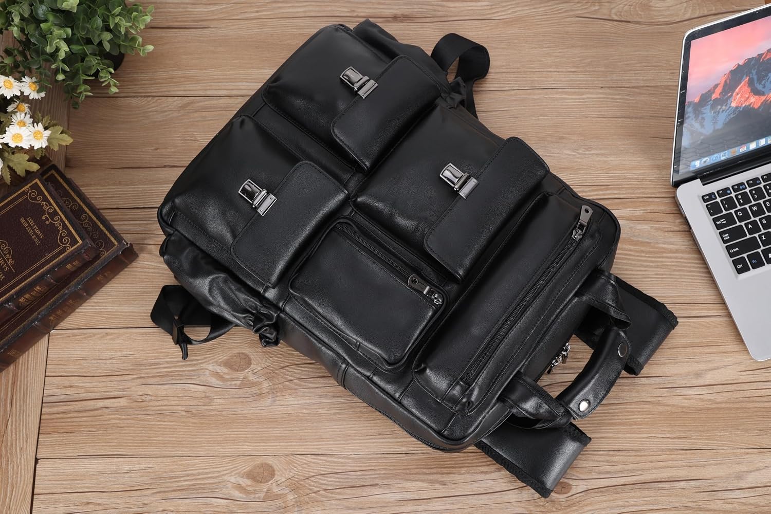 Masa Kawa Black Leather Backpack for Men 15.6 Inch Laptop Bag Multi Pockets Casual Work Business Travel Daypack