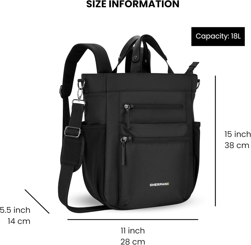 Sherpani Soleil, Anti Theft Convertible Backpack, 3 in 1 Tote, Crossbody Purse, 18L Travel Bag, RFID Protection, Fits 13' Laptop (Carbon)