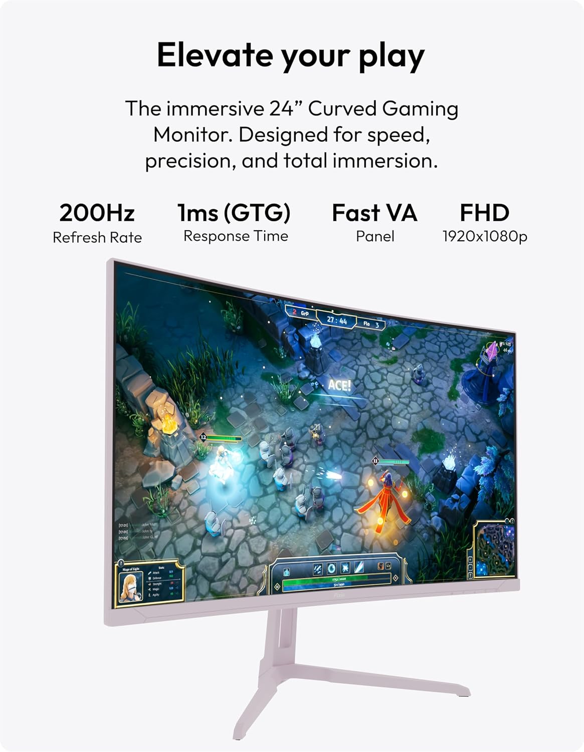 Pixio Two PXC248WAVE Pink 24 inch 200Hz Refresh Rate FHD 1080p Resolution 1500R Curve Fast VA Panel 1ms GTG Response Time HDR Curved Gaming Monitor and PS1D Wave Pink Dual Monitor Arm - Fits up to 32