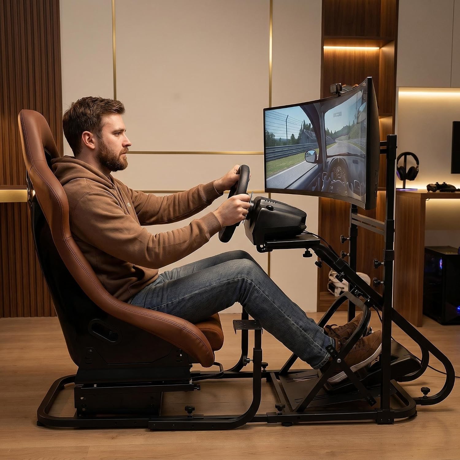 Racing Simulator Cockpit with Monitor Mount and Stronger Fiberglass Brown Mesh Fabric Bucket Seat, Racing Wheel Stand Compatible with Fanatec, Thrustmaster, Logitech, Moza Racing Games on PS5, PS4, Xbox and PC