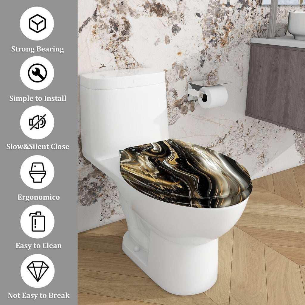 Elongated Toilet Seat Abstract luxury marble Modern 3d Gold black colors Art Resin Toilet Seat Easy to Install Quietly Close Quick Release Hinges Decorative Toilet Seat with Cover