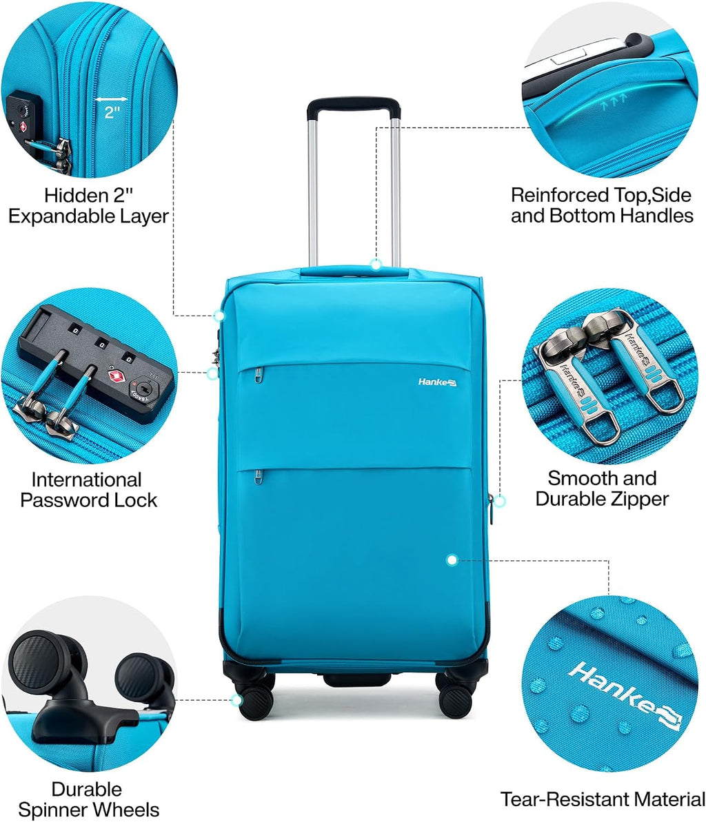 Hanke 20 Inch Expandable Carry On Luggage 22x14x9 Airline Approved Softside Suitcases with Wheels Lightweight Travel Luggage Rolling Suitcase with Lock for Men and Women.(Caribbean Blue)