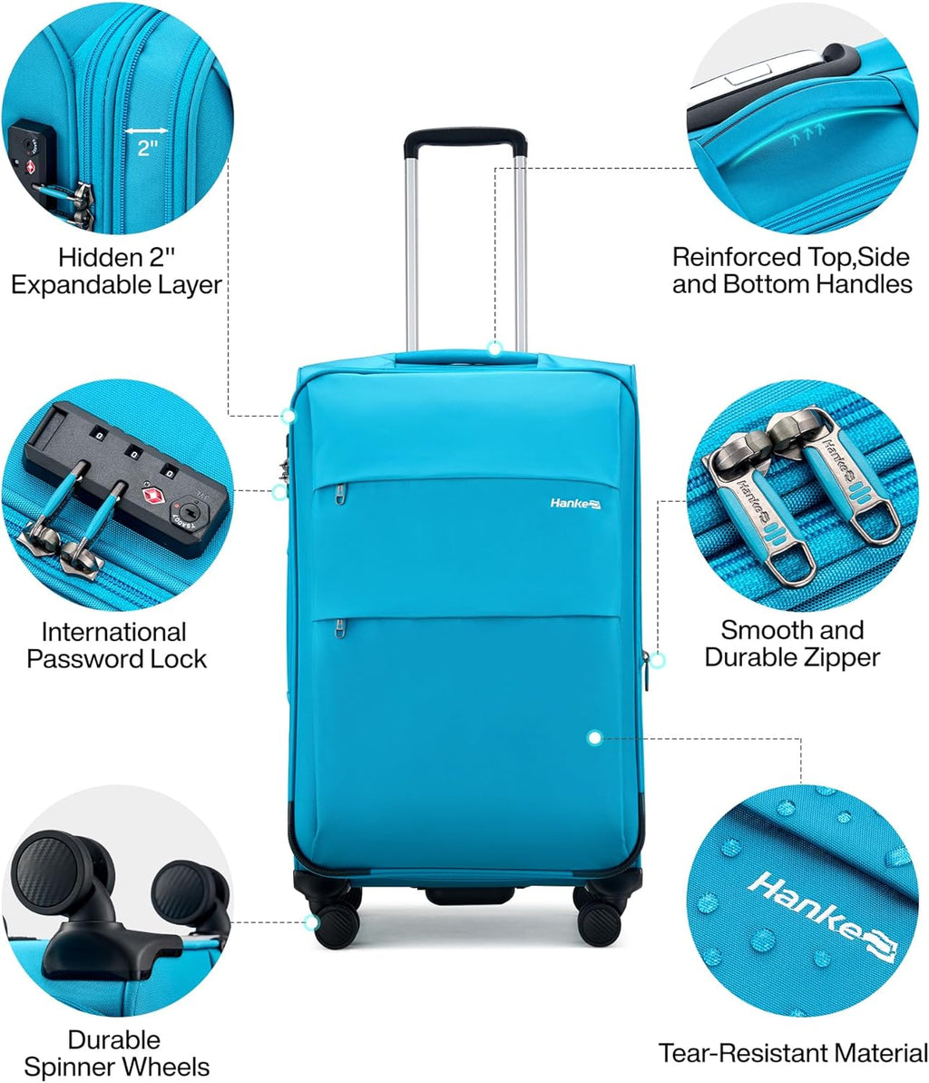 Hanke 24 Inch Expandable Luggage Large Suitcases with Wheels Softside Checked Luggage Rolling Suitcase with Lock Lightweight Travel Luggage for Men and Women 24 Inch Luggage.(Caribbean Blue)