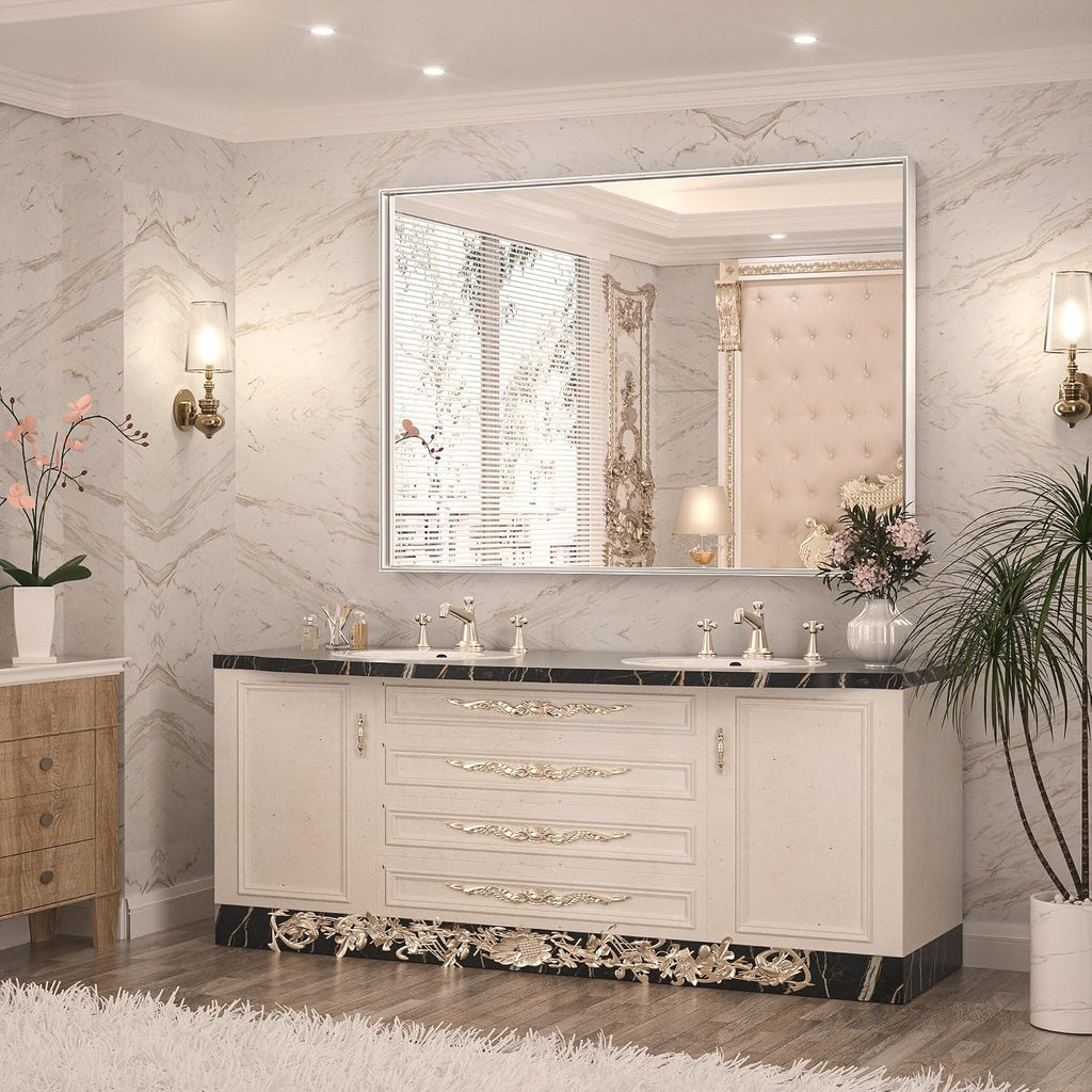 Keonjinn 48 x 36 Inch Silver Bathroom Mirror for Over Sink Large Rectangle Wall Mirror Brushed Metal Framed Square Corner Vanity Mirror Wall Mounted Rectangular Farmhouse Mirror(Horizontal/Vertical)