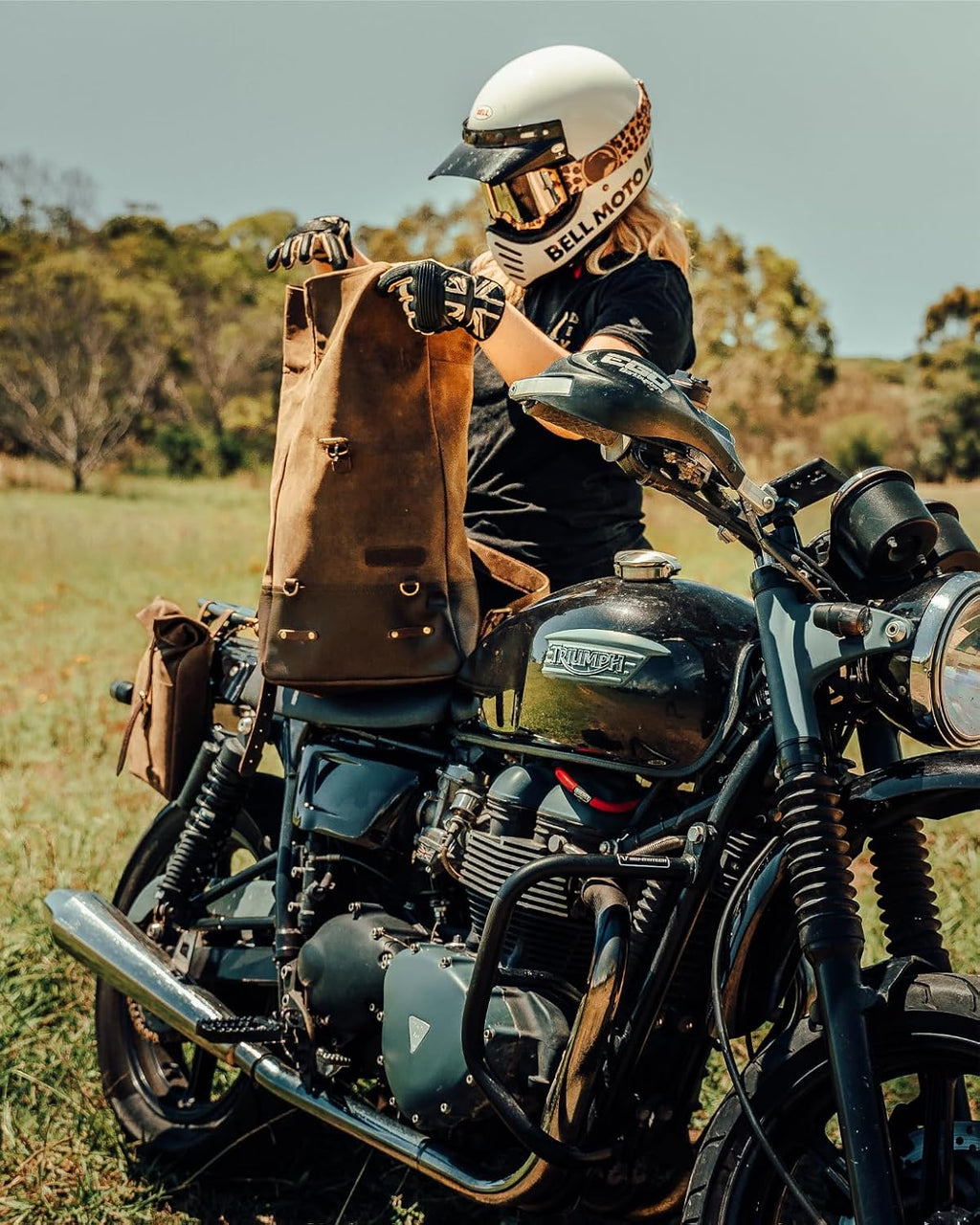 Trip Machine Company Full Grain Leather Roll Top Motorcycle Backpack Pannier – Quick Mount 15L Waterproof Laptop Bag (Dark Brown)