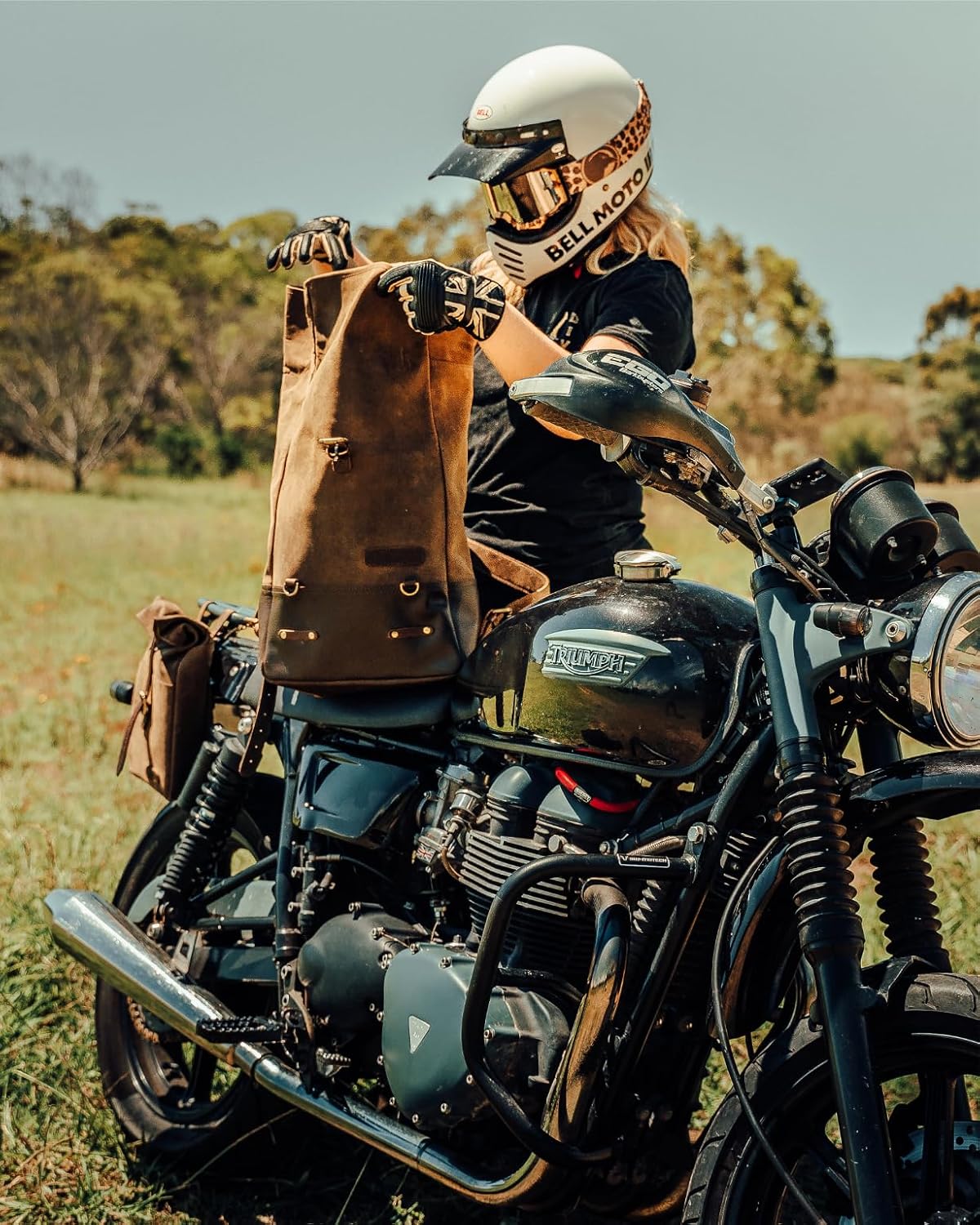 Trip Machine Company Full Grain Leather Roll Top Motorcycle Backpack Pannier – Quick Mount 15L Waterproof Laptop Bag (Dark Brown)