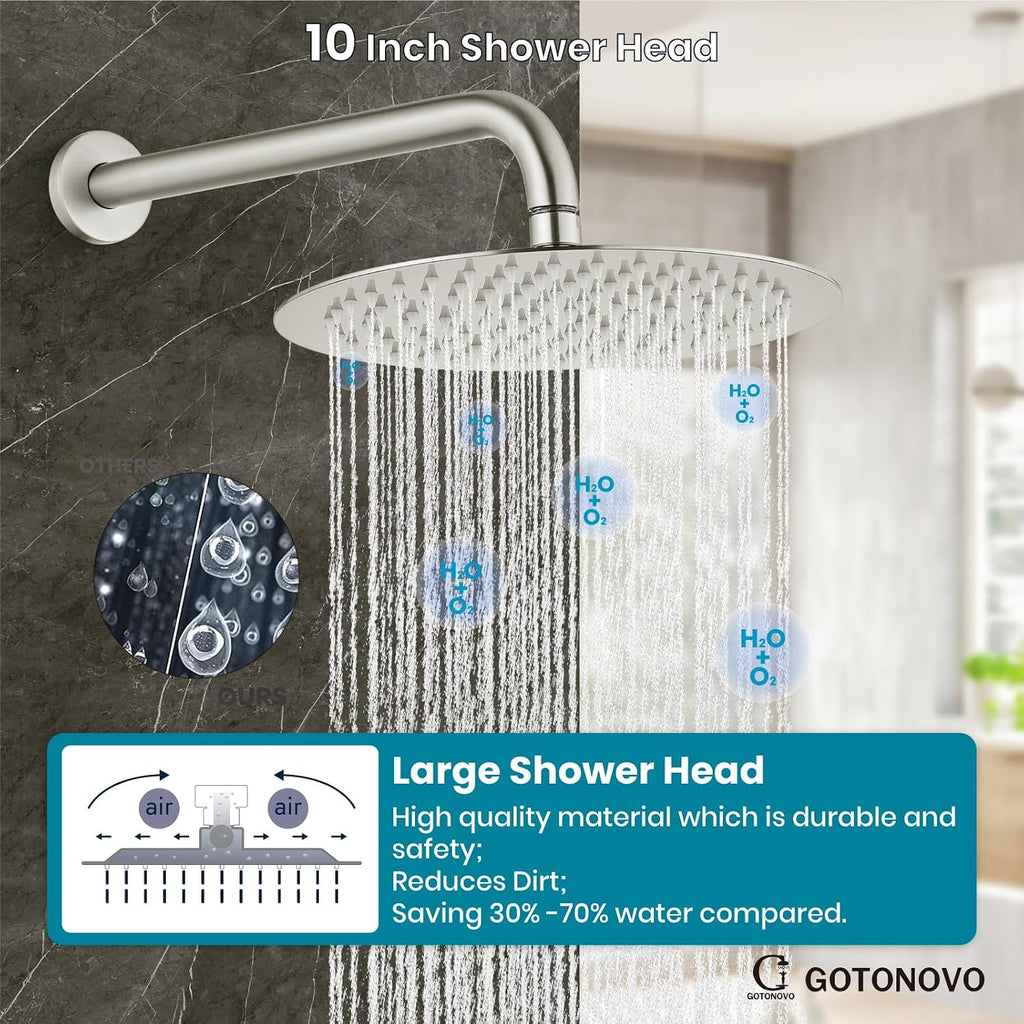 gotonovo Rain Shower System with 10 Inch Round Showerhead and Handheld High Pressure Shower Faucet Set Contain Rough in Valve, Brushed Nickel