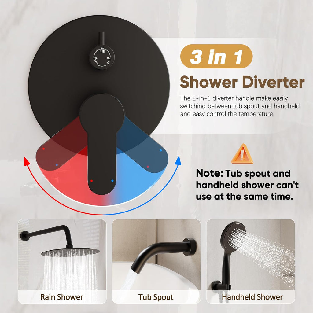 Shower System with Tub Spout, Shower Faucet Set with 10-Inch Rain Shower Head, Handheld Shower head and Shower Faucet Trim valve, Wall Mounted Bathroom Shower Combo Set, Matte Black
