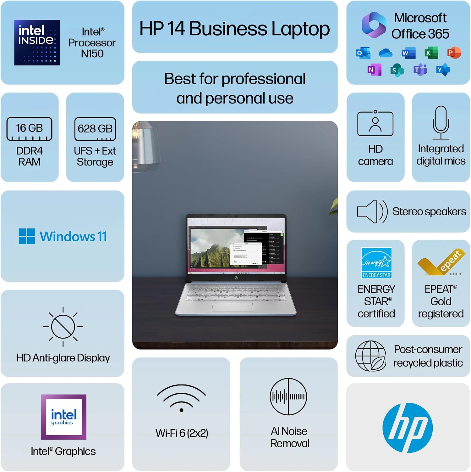 HP Stream 14' HD Laptop for Student & Home (14' LED, 1-Year Office 365, Intel 4-Core N150 (>N4120), 4GB RAM, 256GB Storage (128GB+128GB SD)), 11-Hr Long Battery Life, Fast Charge, Webcam, Win 11 S