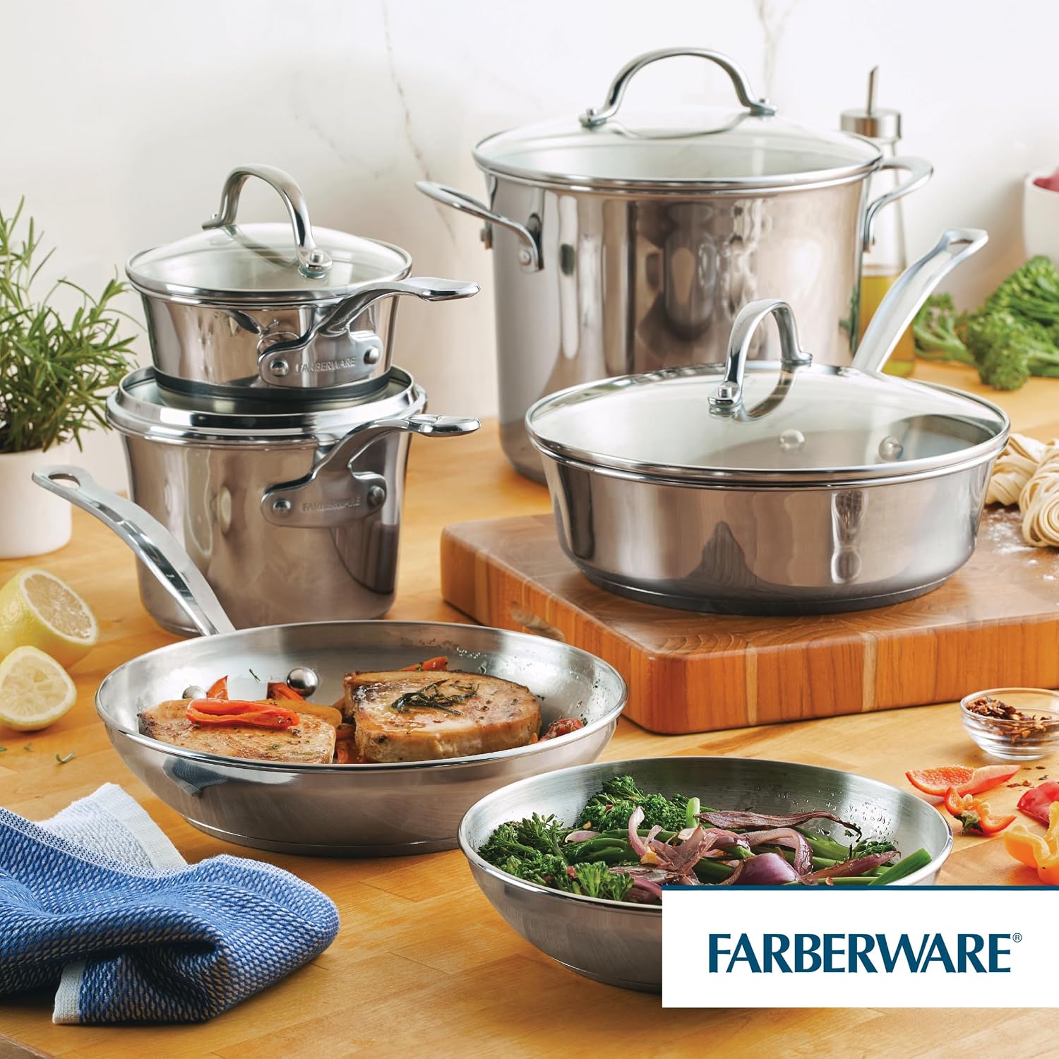Farberware Millennium Stainless Steel Pots and Pans Set, 10-Piece Induction Cookware Set, Silver