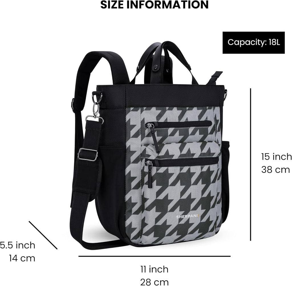 Sherpani Soleil, Anti Theft Convertible Backpack, 3 in 1 Tote, Crossbody Purse, 18L Travel Bag, RFID Protection, Fits 13' Laptop (Houndstooth)