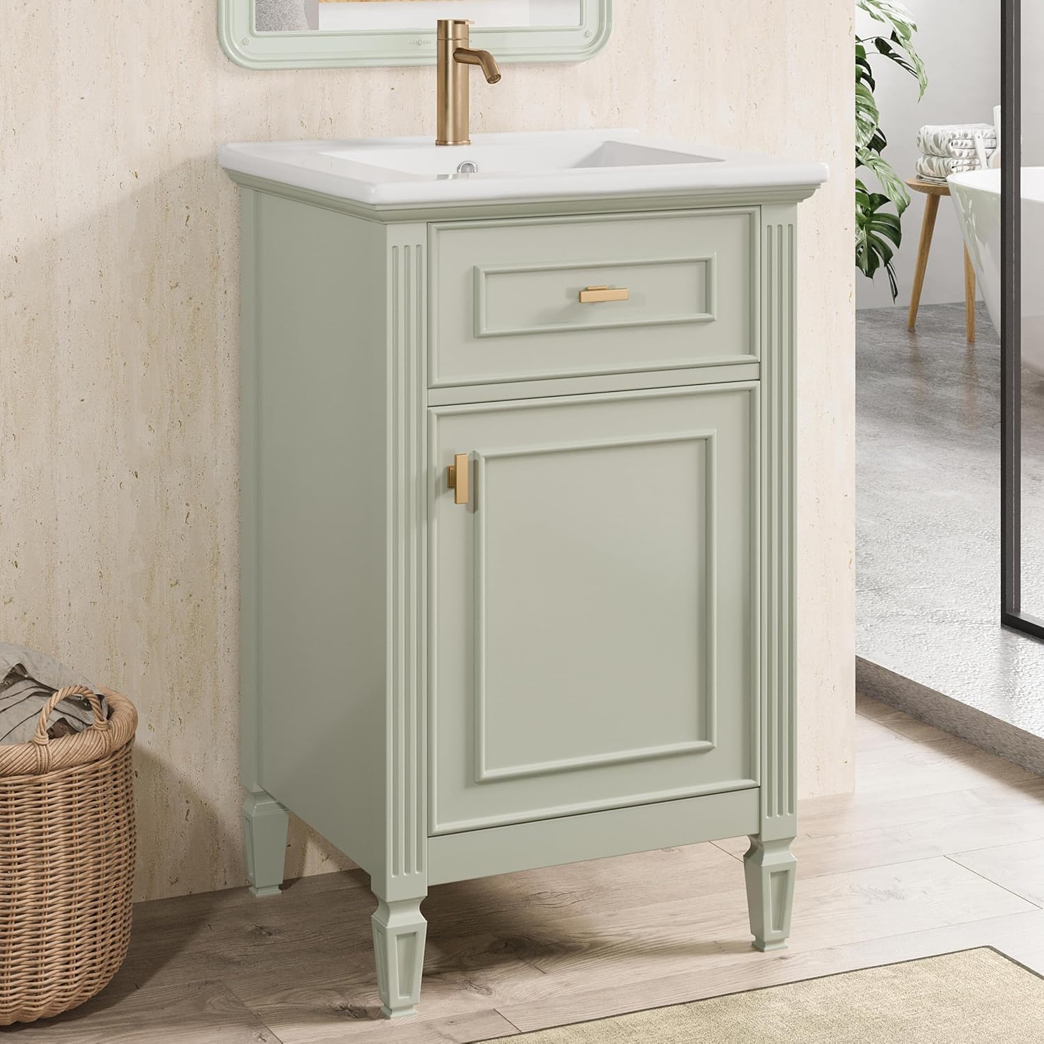 20 Inch Freestanding Bathroom Vanity with Ceramic Sink Set Combo Tip Out Drawer 1 Cabinet Door Shelf Modern Style Painted Gold-Tone Handle for Modern Small Bathroom Limited Space Green