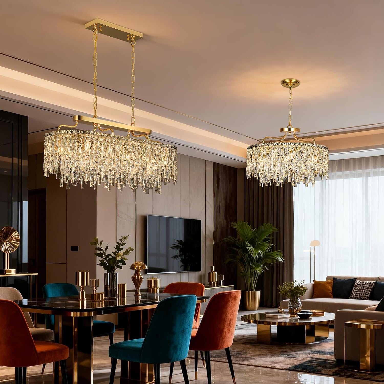 12-Lights Modern Gold Crystal Chandeliers for Dining Room Light Fixtures Over Table | L36' Luxury Crystal Chandeliers for Kitchen Island | Oval Hanging Lighting for Living Room Bedroom Bathroom