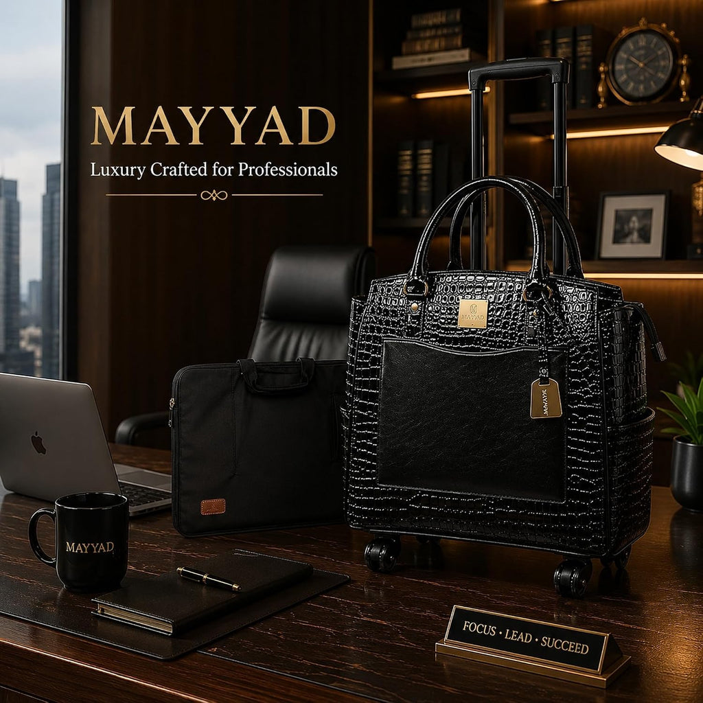 Rolling Laptop Bag for Women with Wheels & Handle Luxury Pure Leather Embossed Work Bag with Laptop Sleeve Travel Briefcase