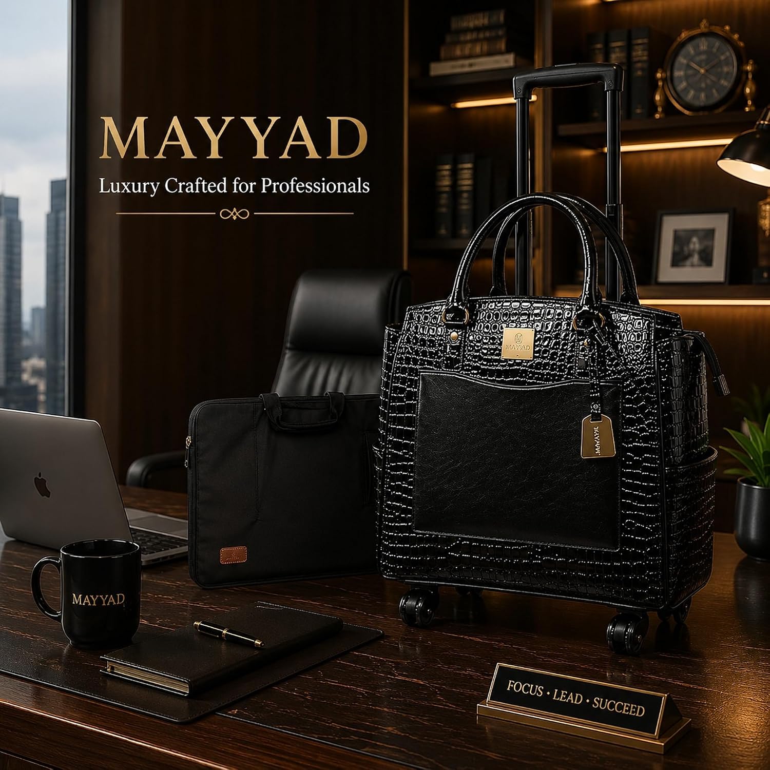 Rolling Laptop Bag for Women with Wheels & Handle Luxury Pure Leather Embossed Work Bag with Laptop Sleeve Travel Briefcase